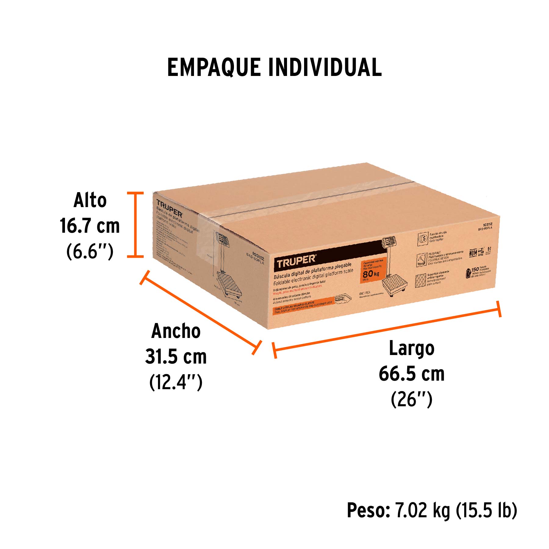 Báscula electrónica de plataforma p/mostrador, 80 kg, TRUPER - Empaque