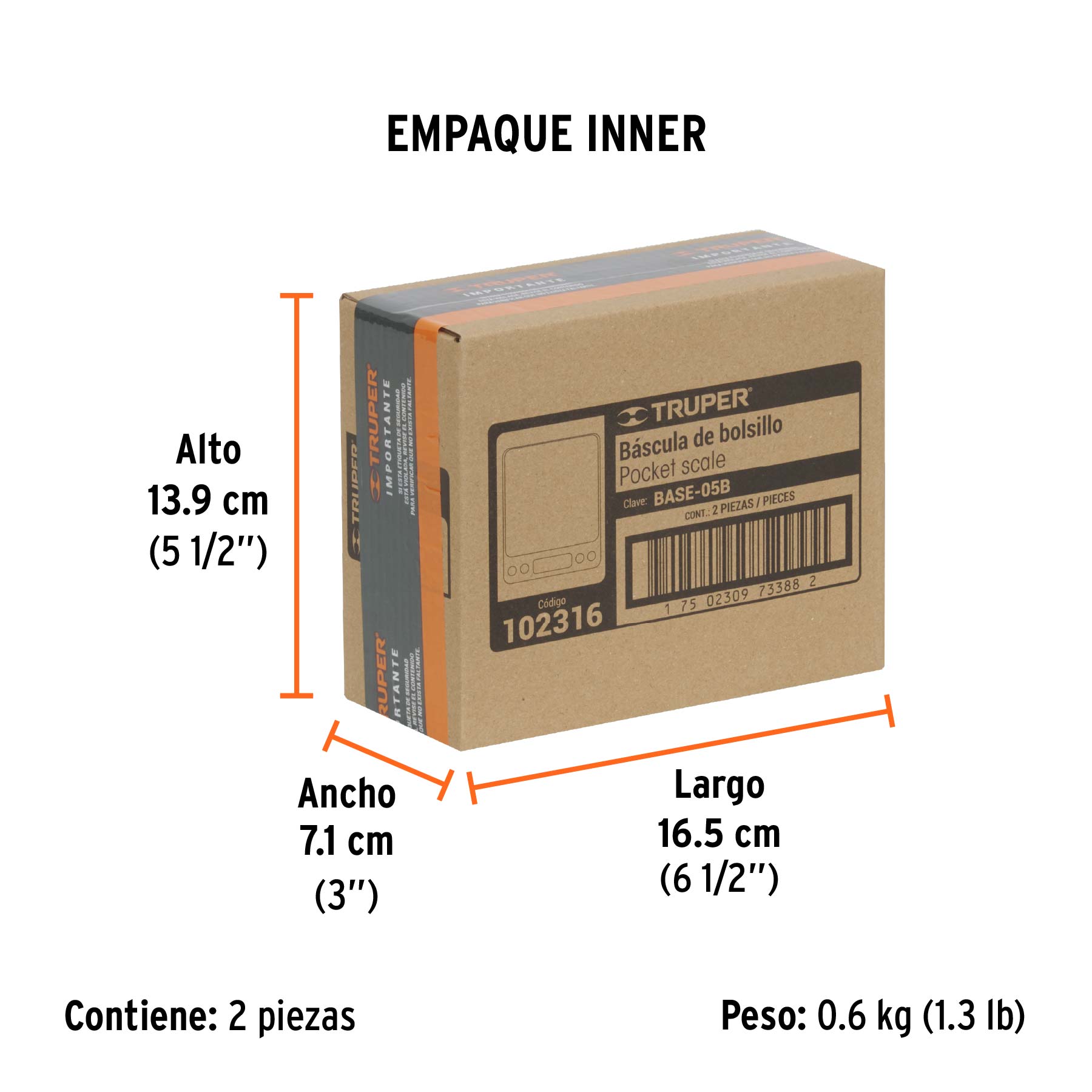 Báscula electrónica de precisión, de bolsillo, 500 g, TRUPER - Empaque