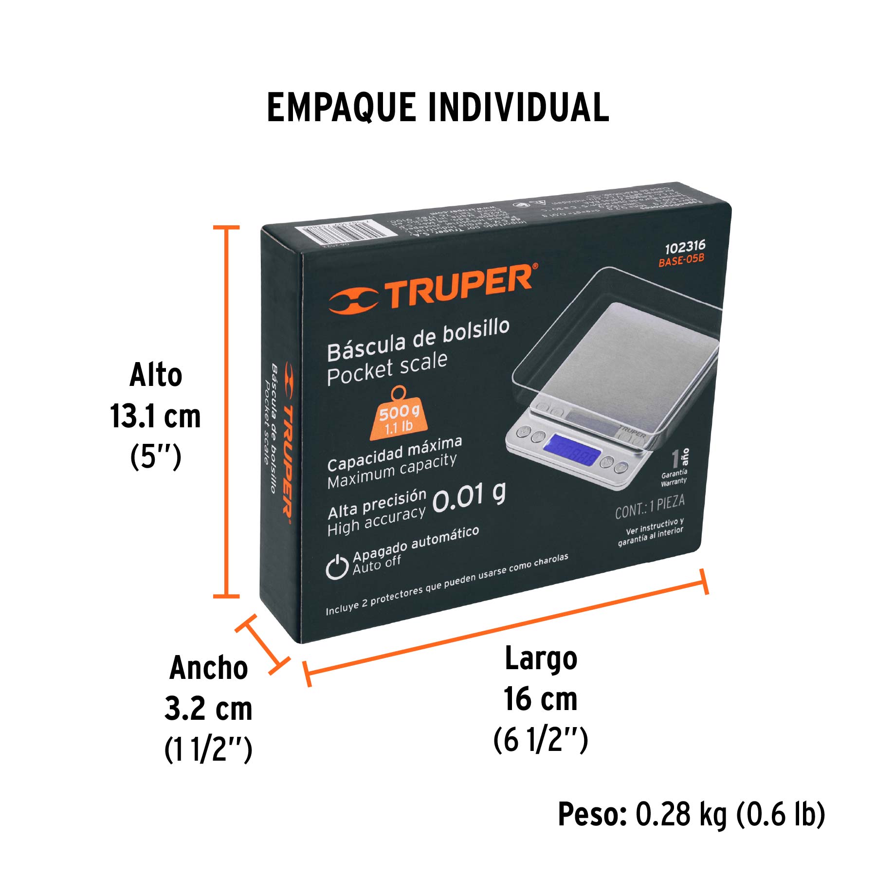 Báscula electrónica de precisión, de bolsillo, 500 g, TRUPER - Empaque