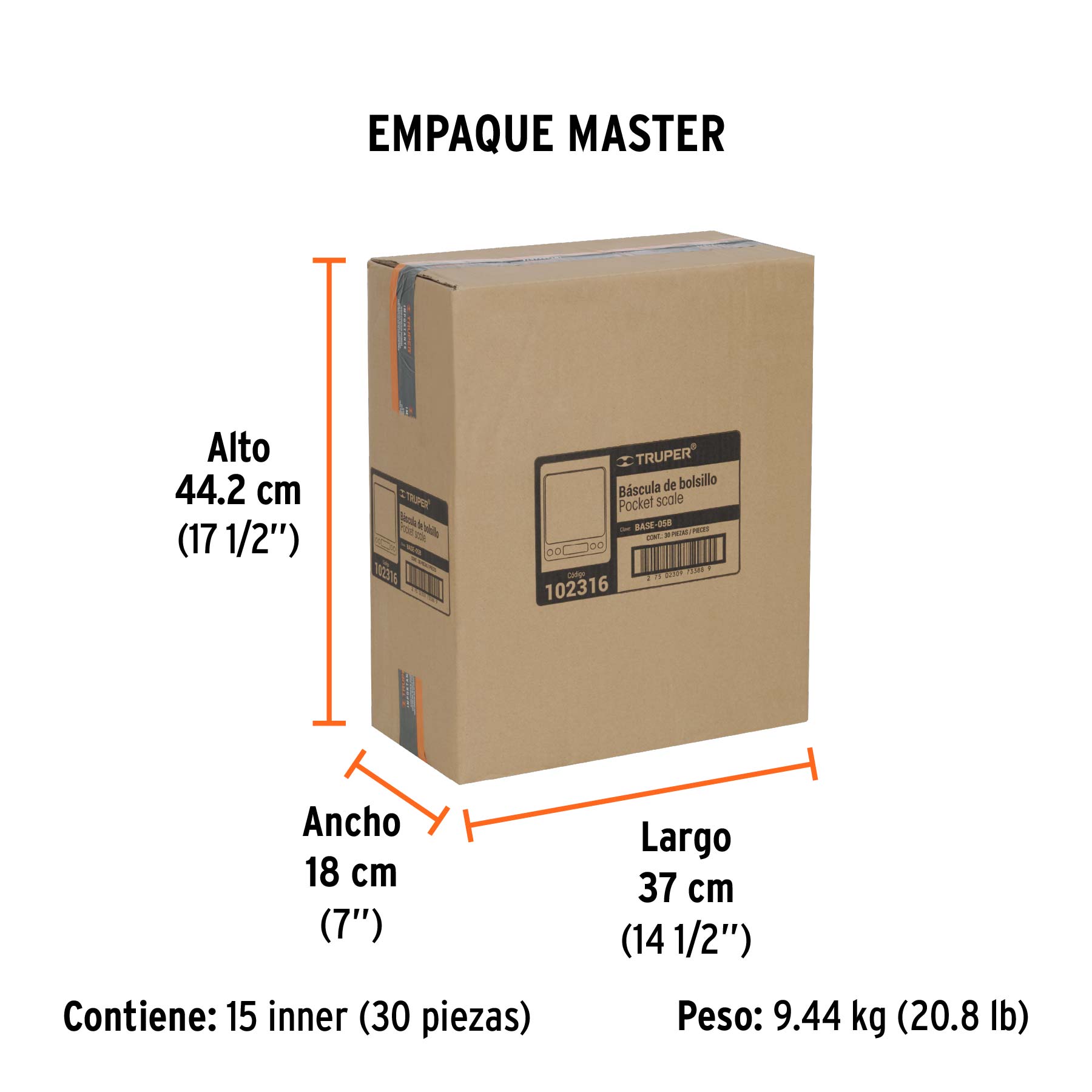 Báscula electrónica de precisión, de bolsillo, 500 g, TRUPER - Empaque