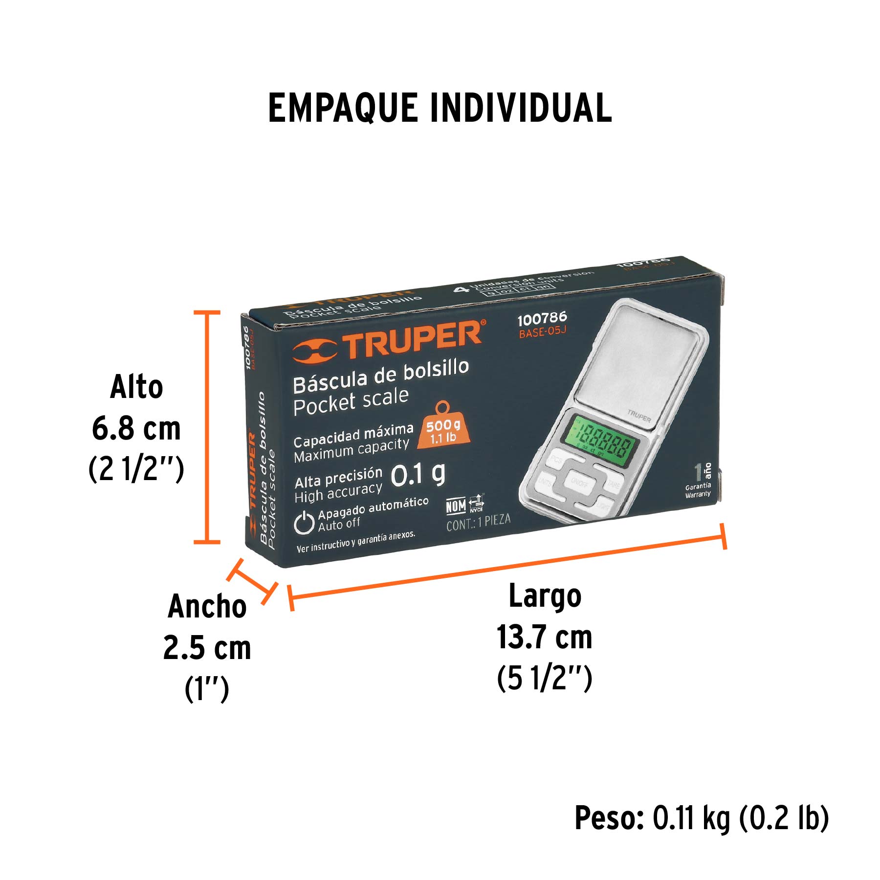 Báscula electrónica de bolsillo, de pilas, 500 g, TRUPER - Empaque