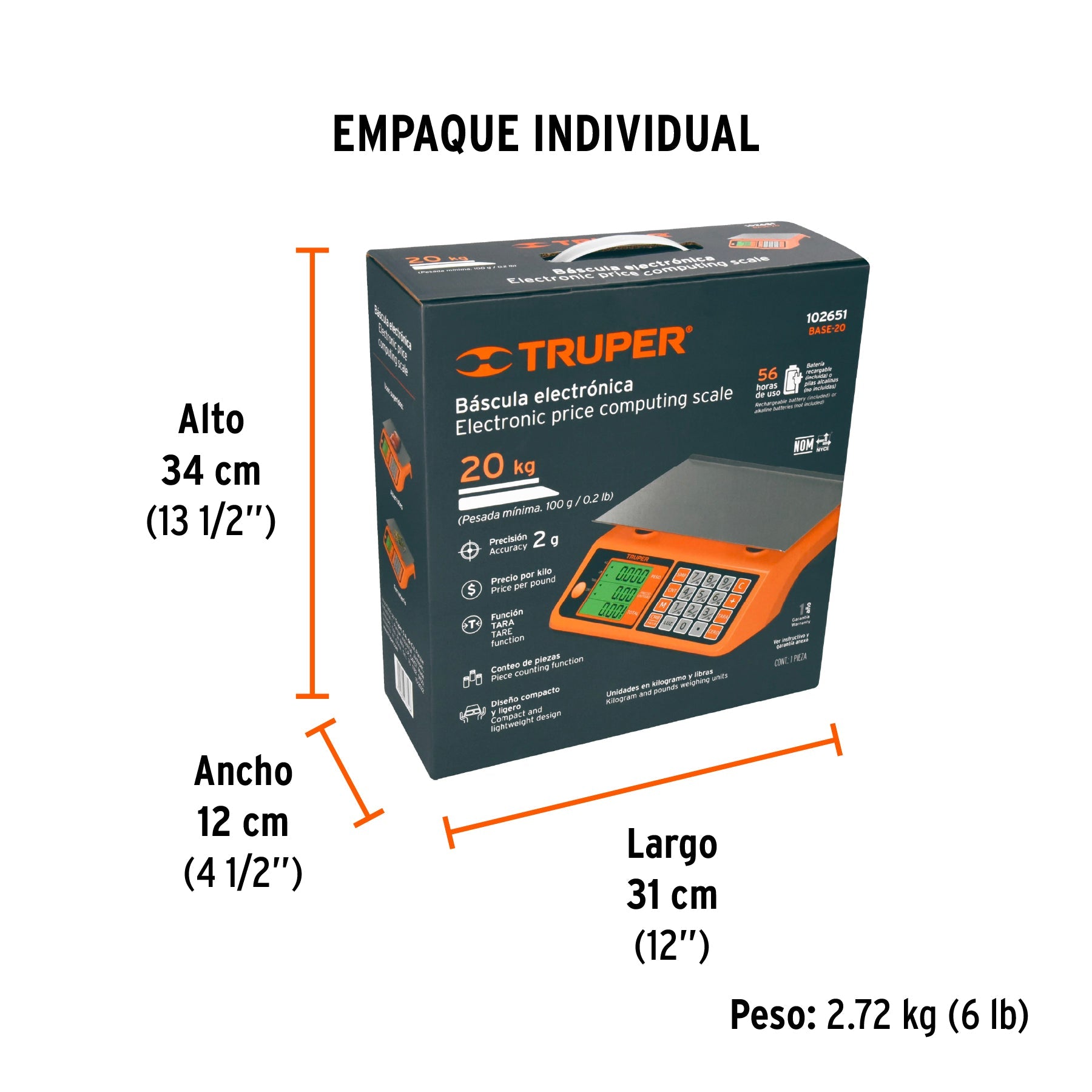 Báscula electrónica multifunciones 20 kg, TRUPER - Empaque