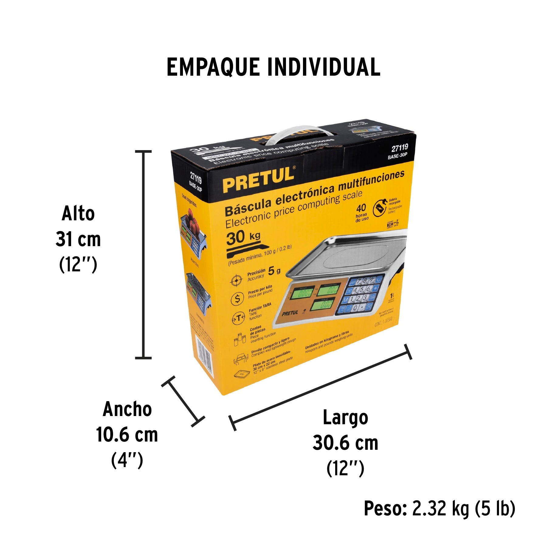 Báscula electrónica multifunciones 30 kg, PRETUL - Empaque
