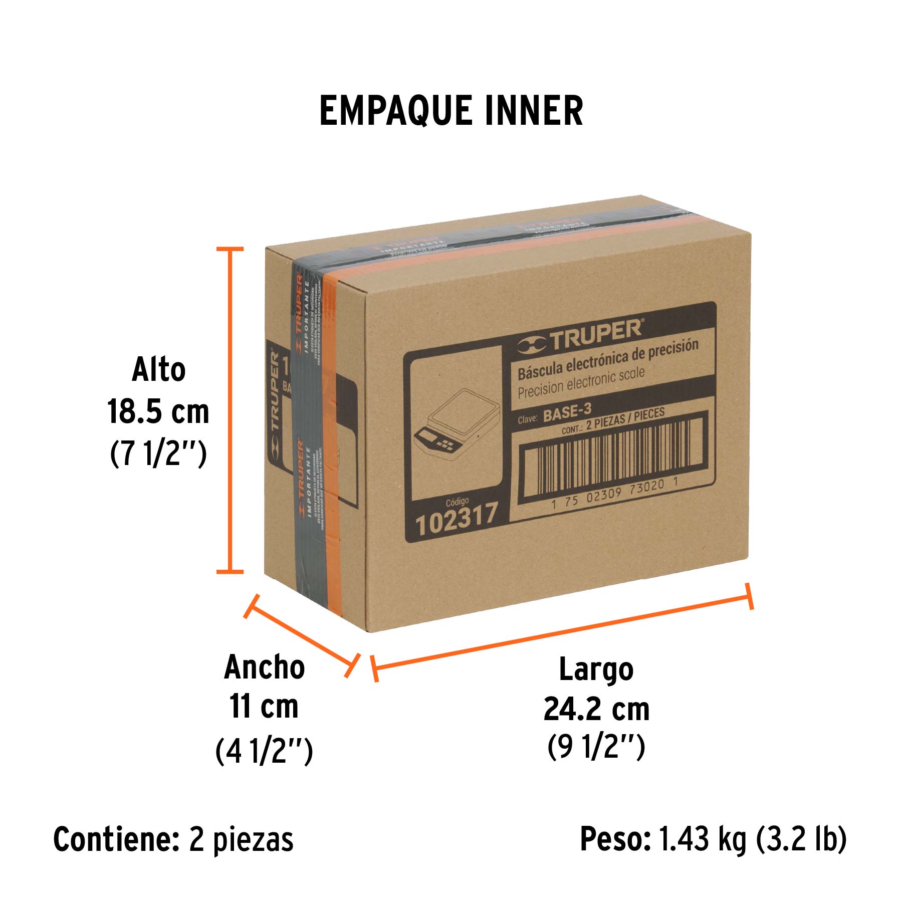 Báscula electrónica de precisión, recargable, 3 kg, TRUPER - Empaque