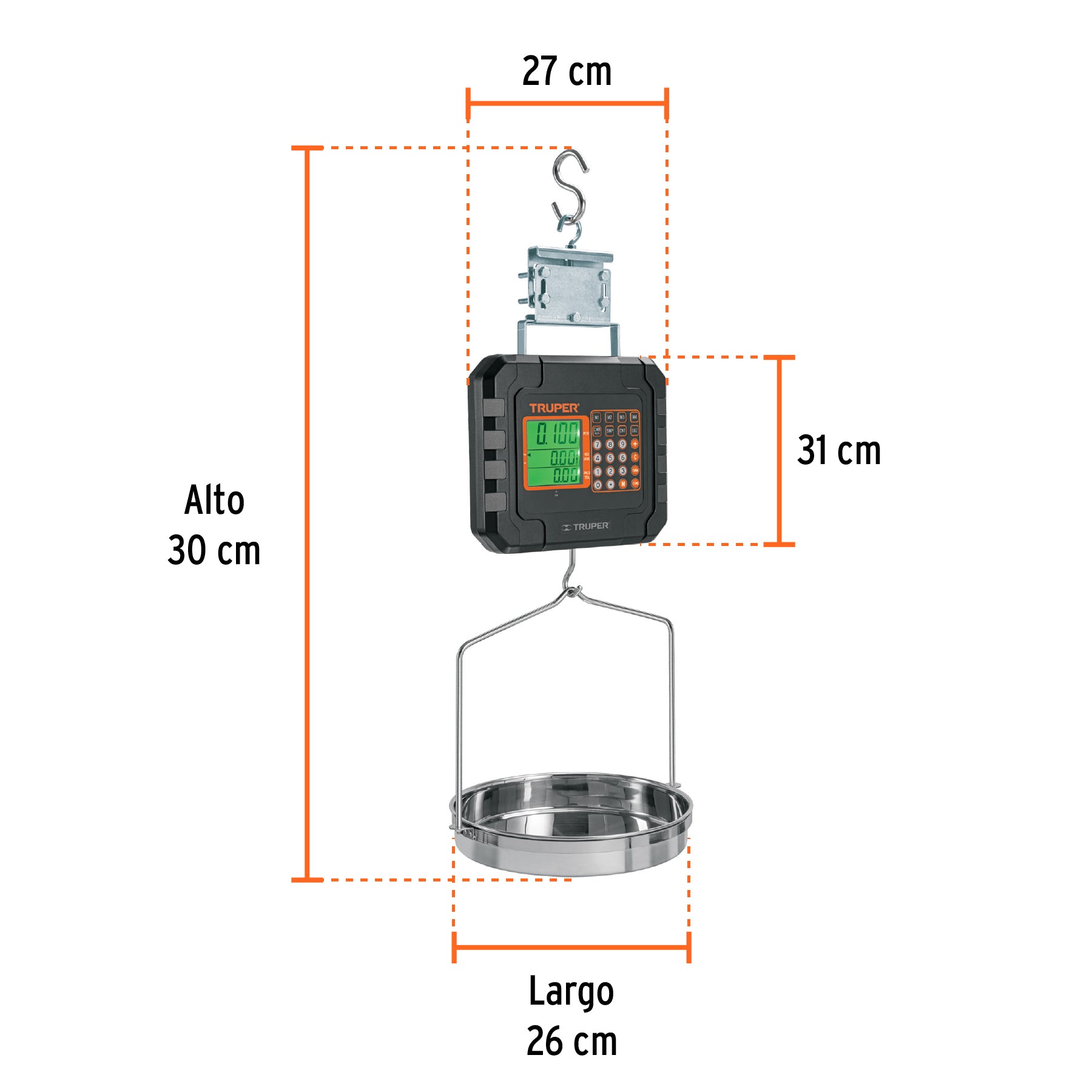 Báscula electrónica colgante, recargable, c/charola, 40 kg