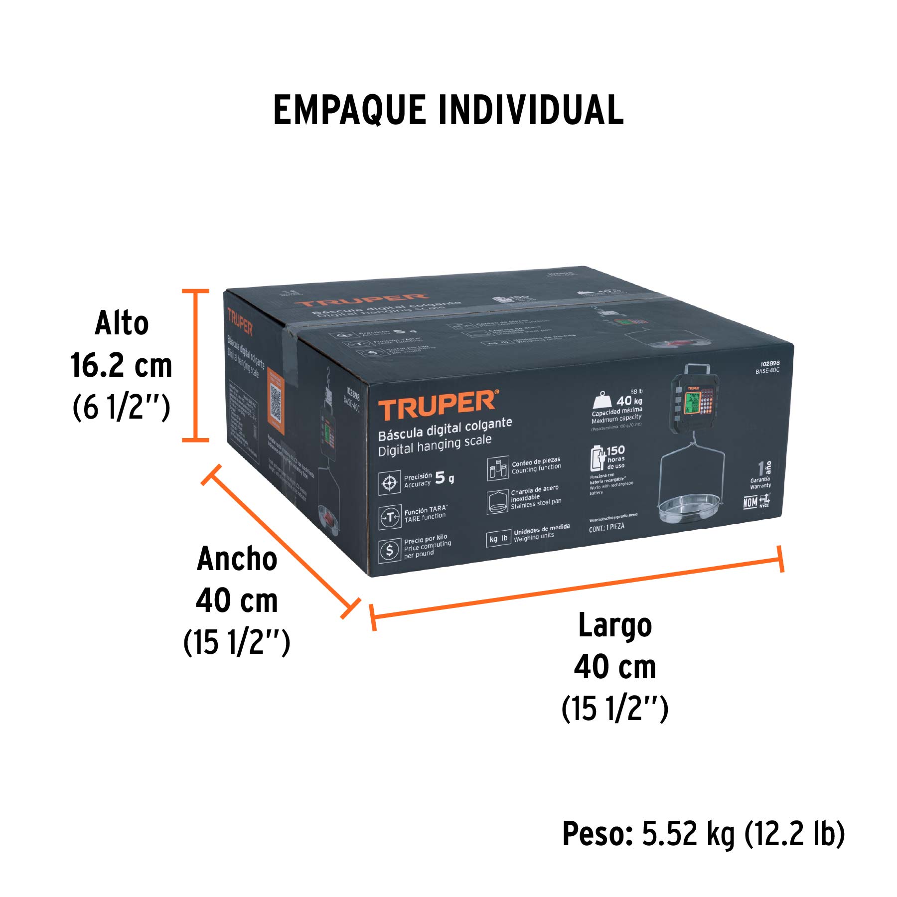 Báscula electrónica colgante, recargable, c/charola, 40 kg - Empaque