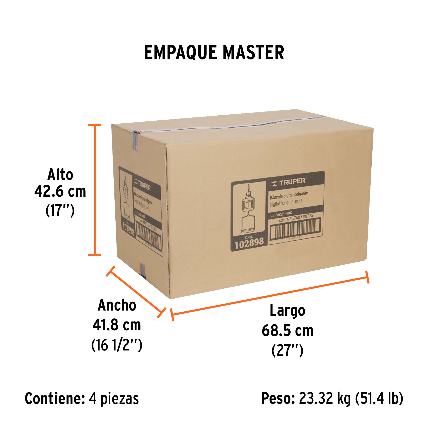 Báscula electrónica colgante, recargable, c/charola, 40 kg - Empaque