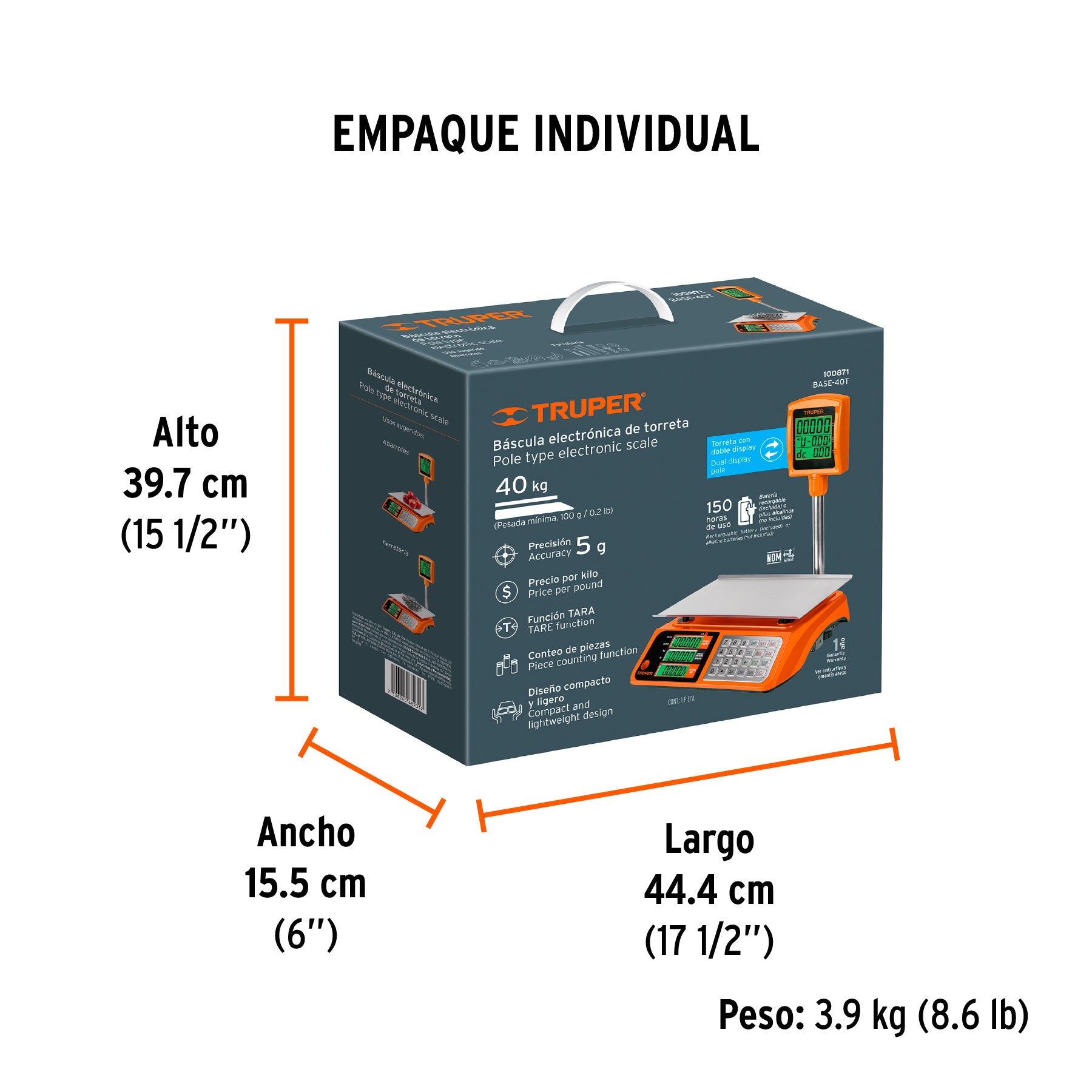 Báscula electrónica multifunciones con torreta 40 kg, TRUPER - Empaque