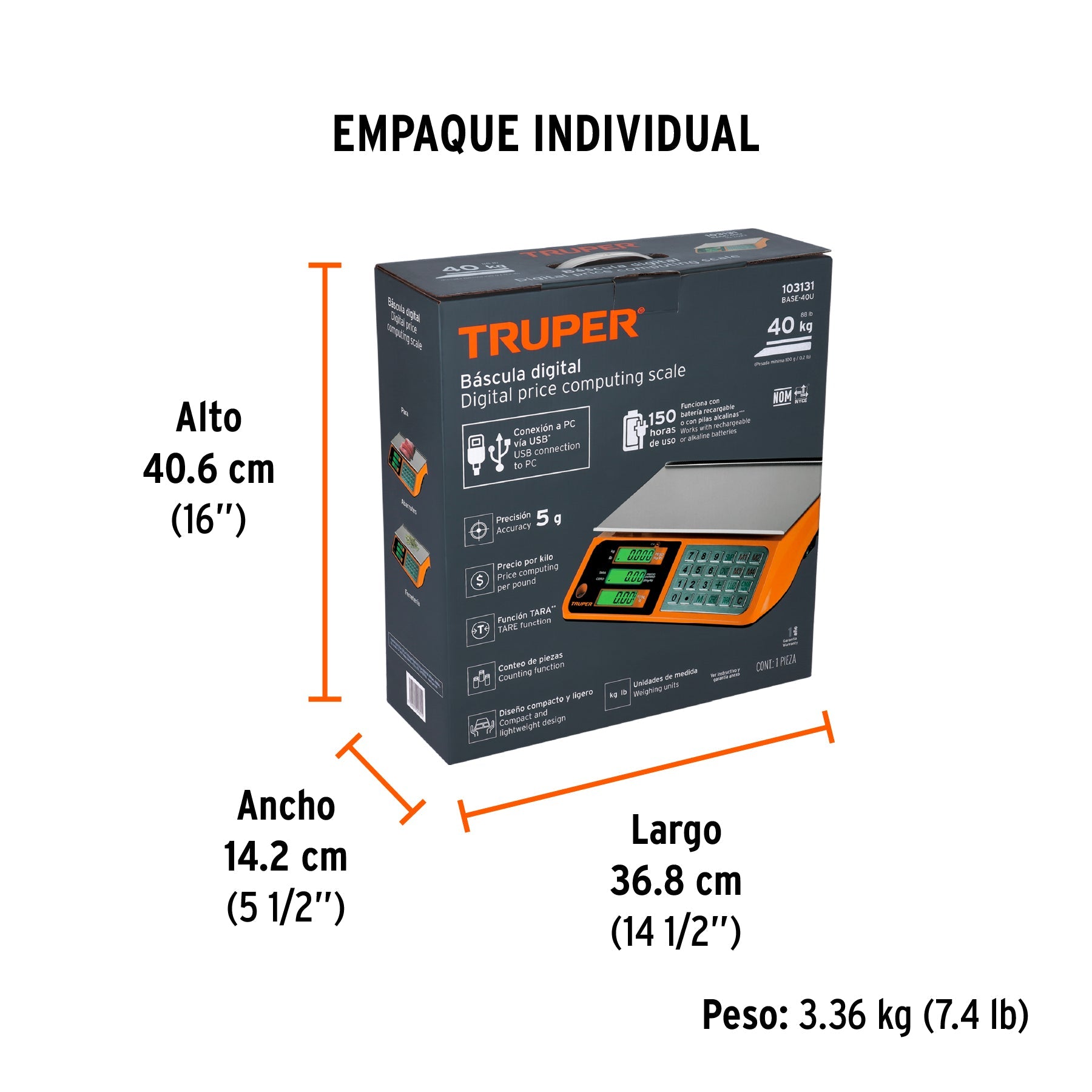 Báscula electrónica multifunciones 40 kg USB, TRUPER - Empaque