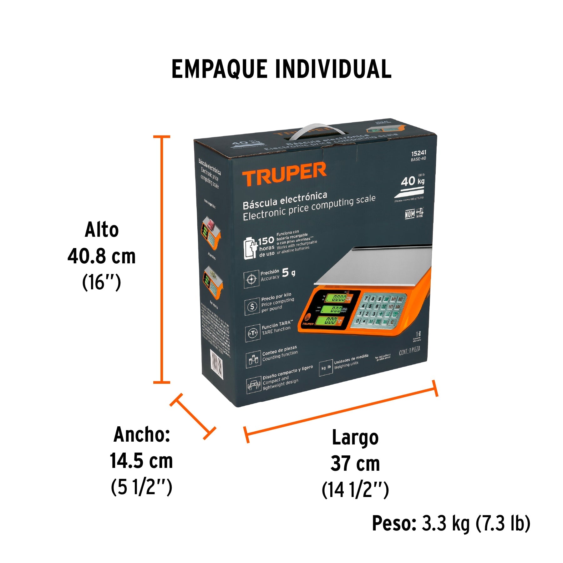 Báscula electrónica multifunciones 40 kg, TRUPER - Empaque