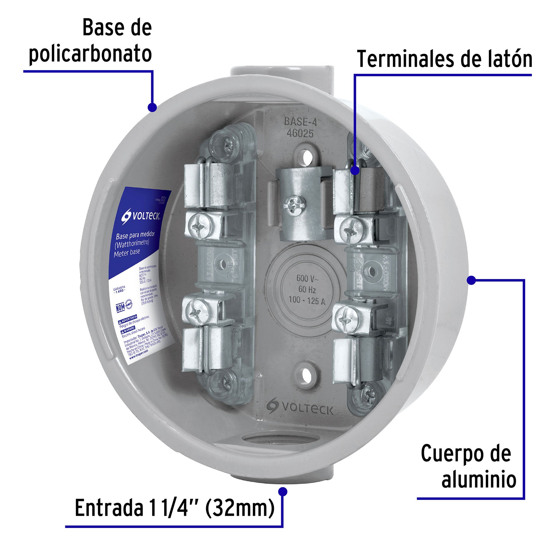 Base para watthorímetro, 4 terminales, VOLTECK