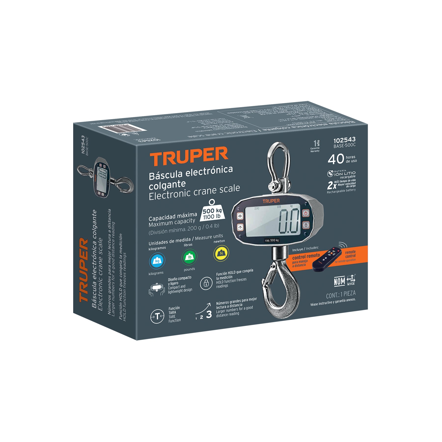 Báscula electrónica colgante, recargable, 500 kg, TRUPER