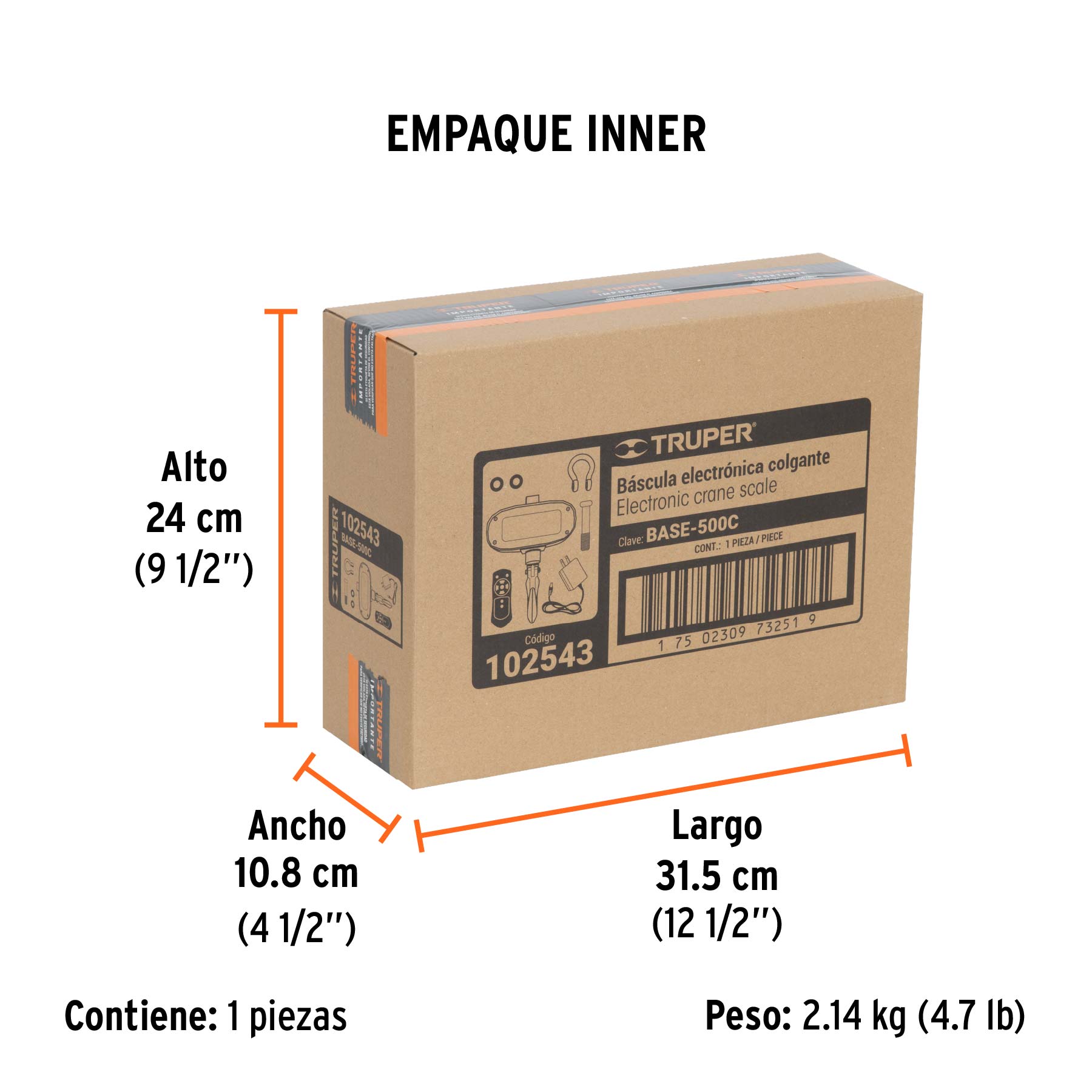 Báscula electrónica colgante, recargable, 500 kg, TRUPER - Empaque
