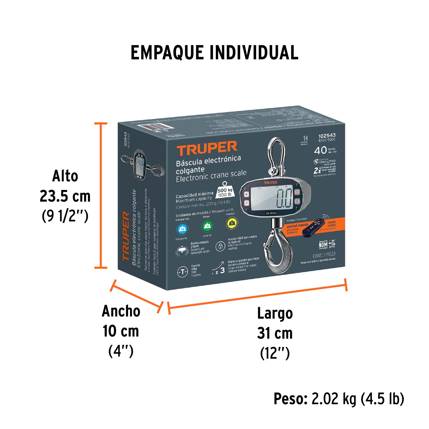 Báscula electrónica colgante, recargable, 500 kg, TRUPER - Empaque