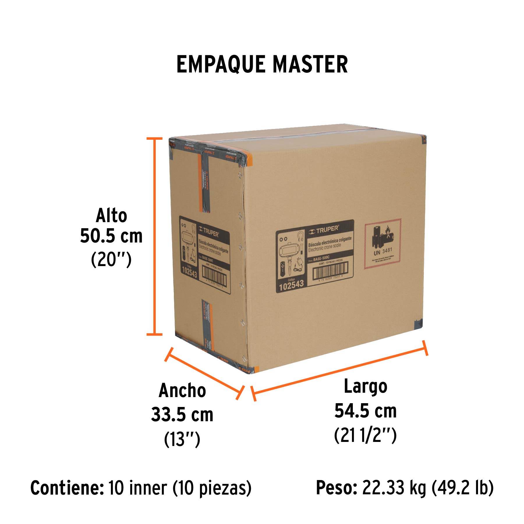 Báscula electrónica colgante, recargable, 500 kg, TRUPER - Empaque
