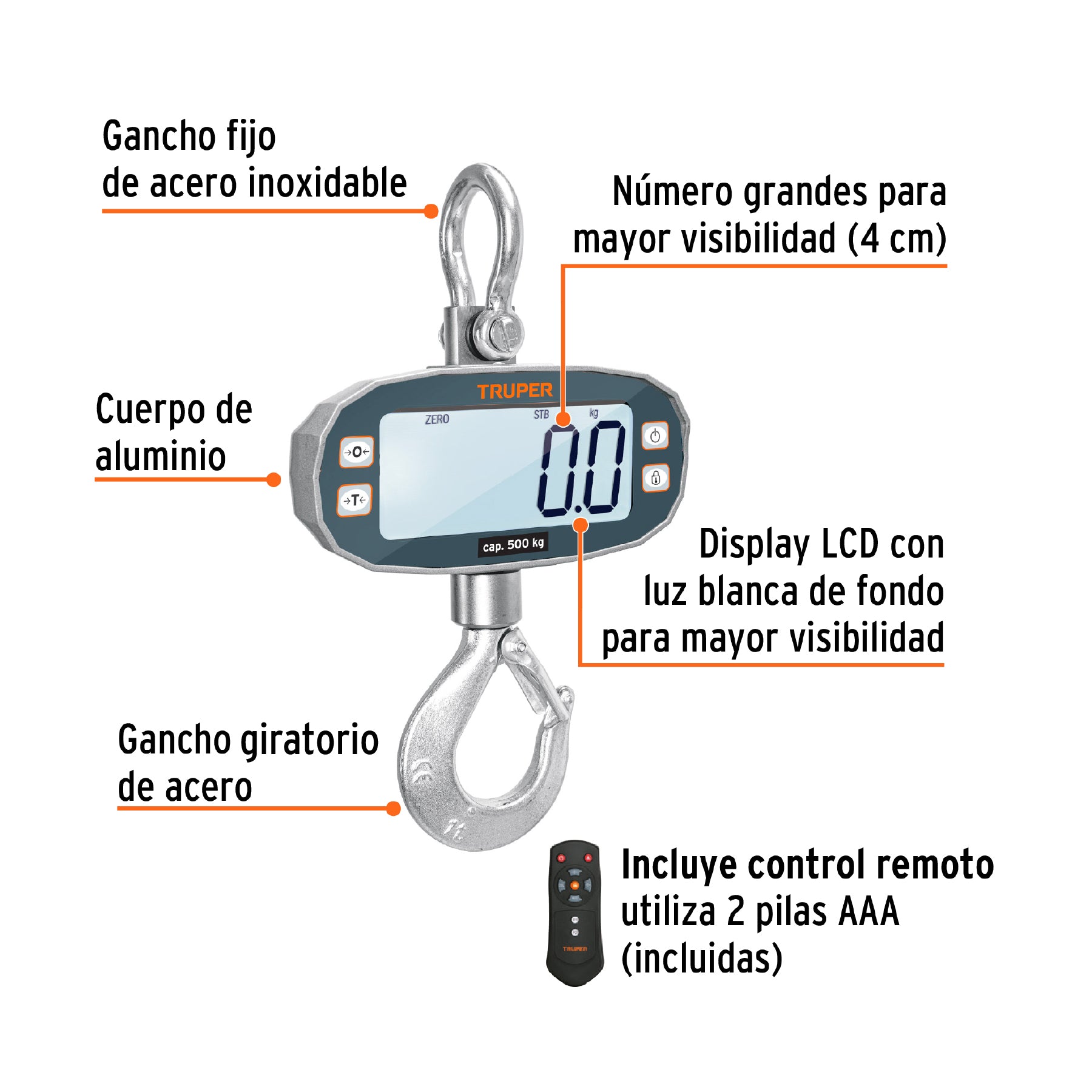 Báscula electrónica colgante, recargable, 500 kg, TRUPER
