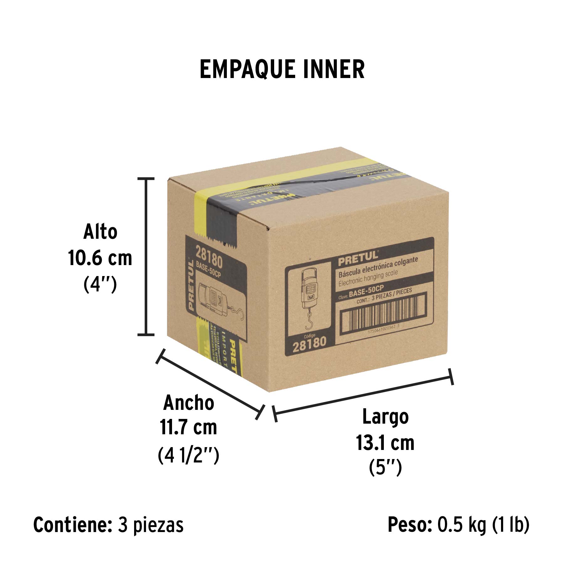 Báscula electrónica colgante, de pilas, 50 kg, PRETUL - Empaque