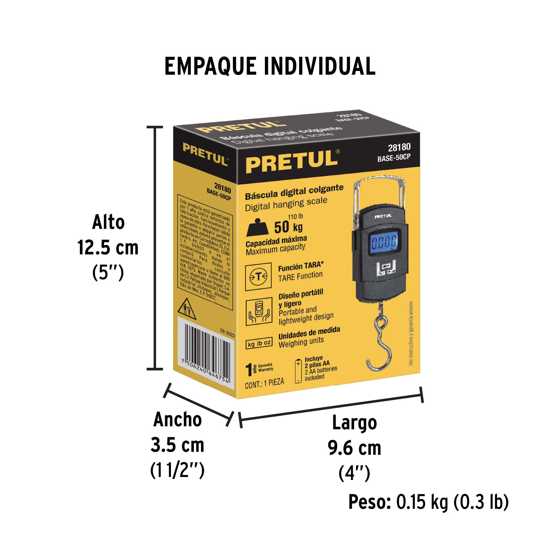 Báscula electrónica colgante, de pilas, 50 kg, PRETUL - Empaque