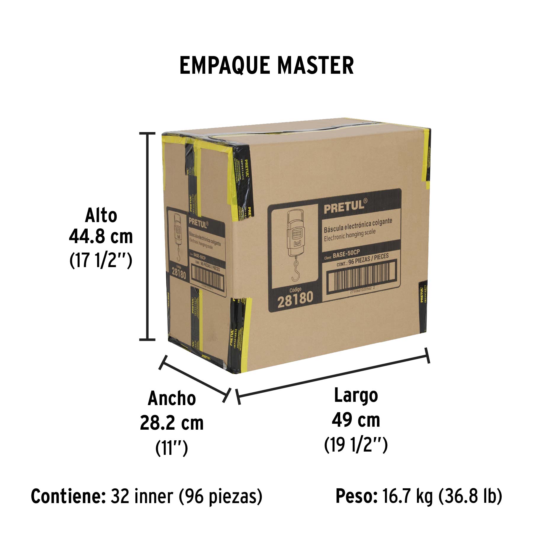 Báscula electrónica colgante, de pilas, 50 kg, PRETUL - Empaque