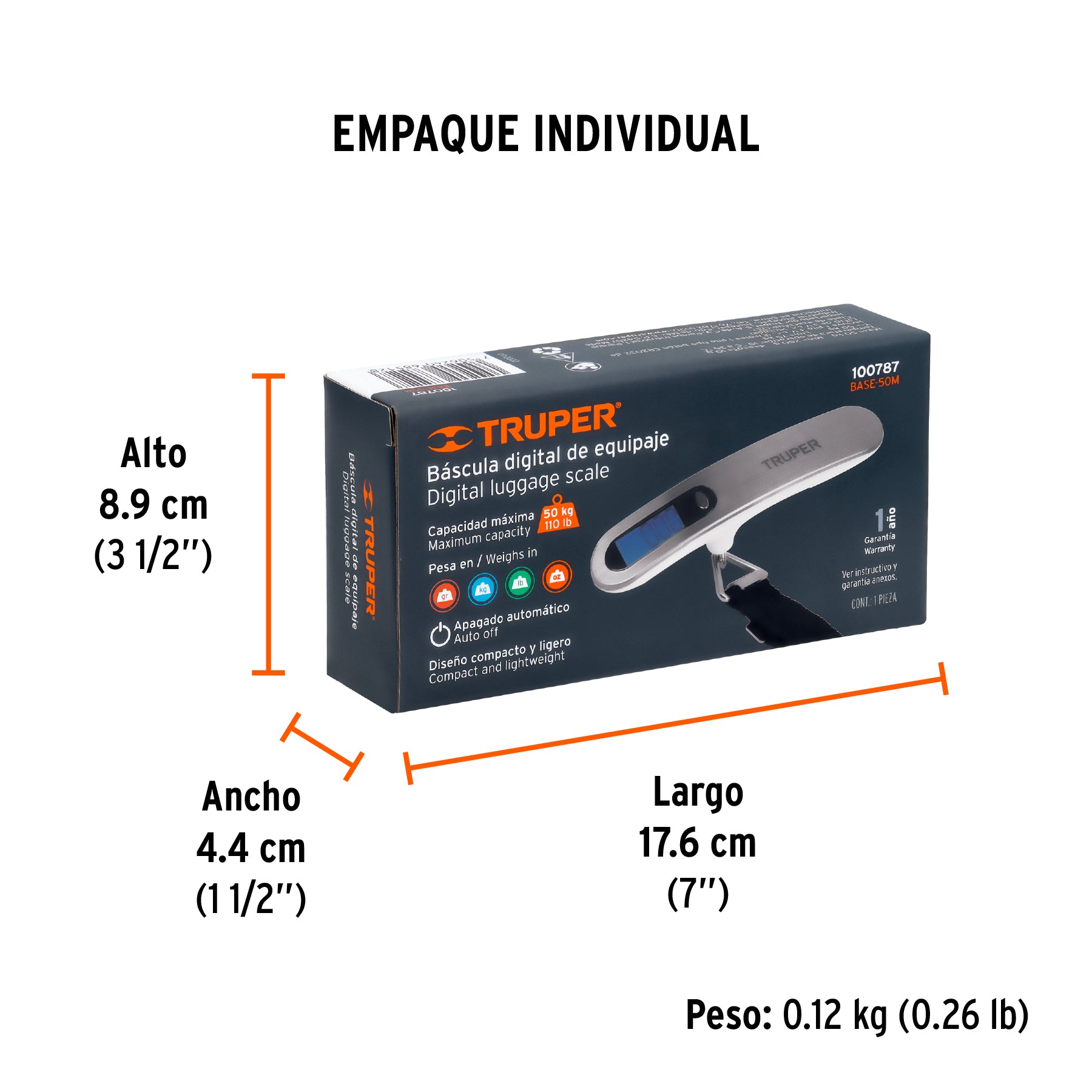 Báscula electrónica para equipaje, de pilas, 50 kg, TRUPER - Empaque