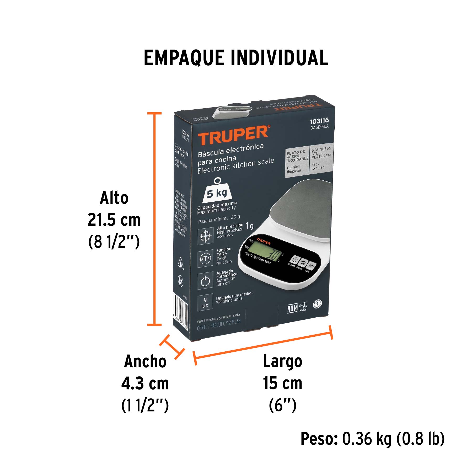 Báscula digital para cocina, plato de acero inox,5kg, TRUPER - Empaque