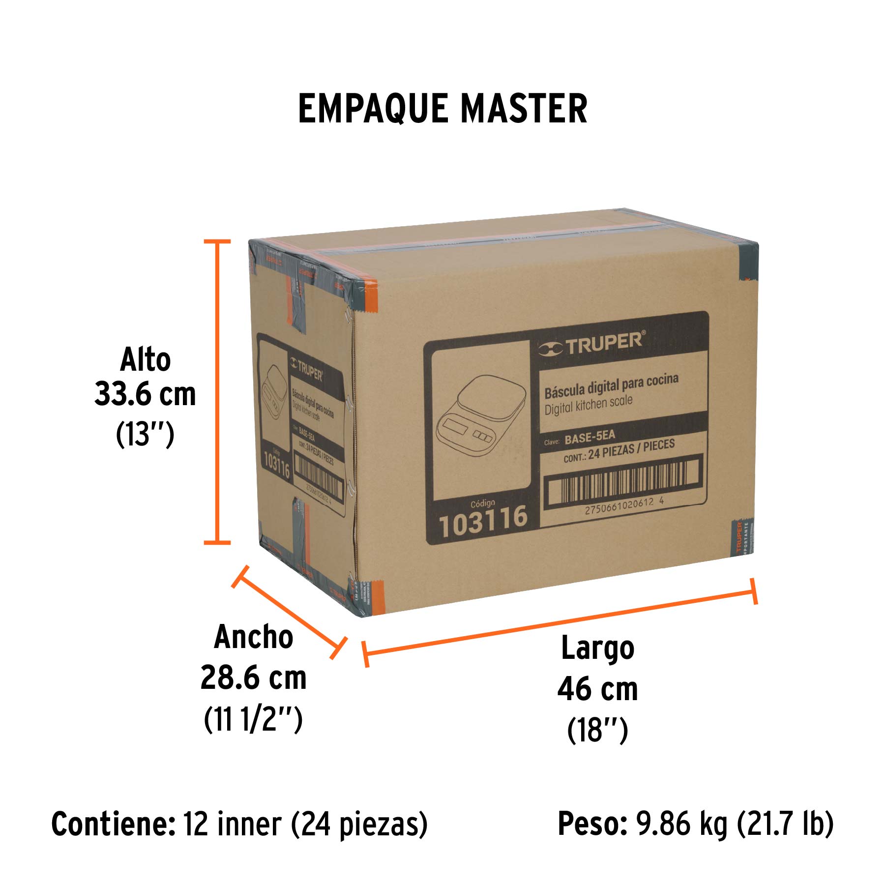 Báscula digital para cocina, plato de acero inox,5kg, TRUPER - Empaque