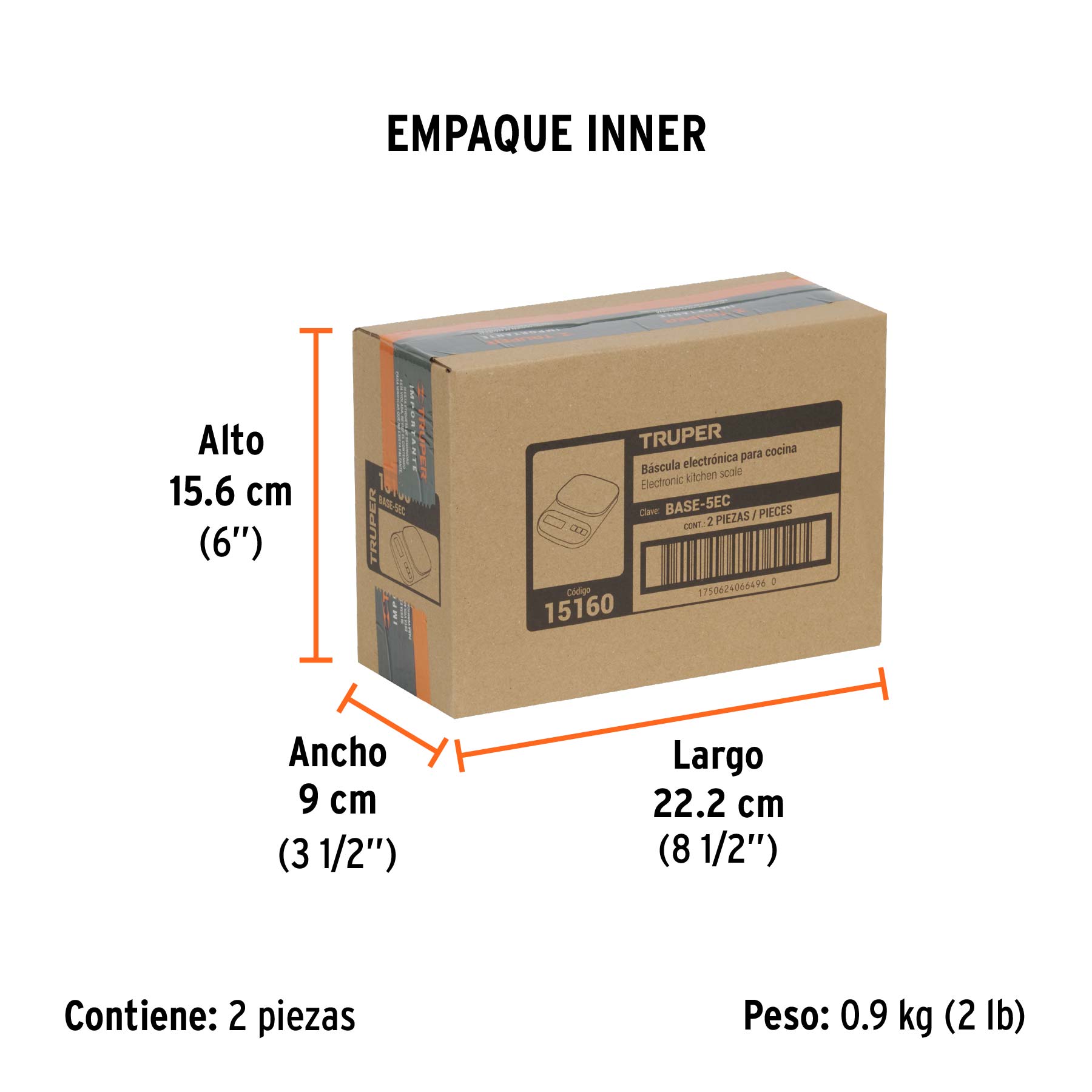 Báscula digital para cocina, plato de vidrio, 5 kg, TRUPER - Empaque
