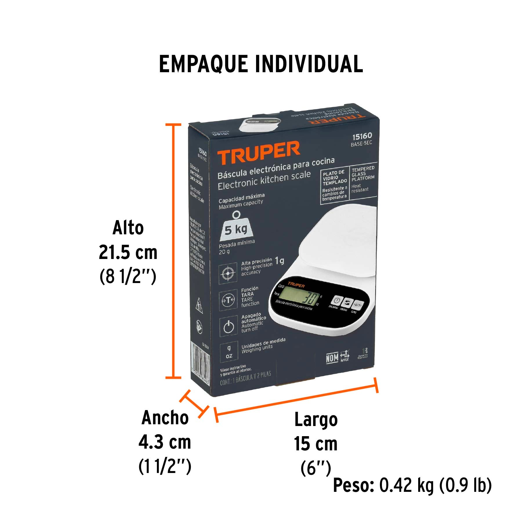 Báscula digital para cocina, plato de vidrio, 5 kg, TRUPER - Empaque