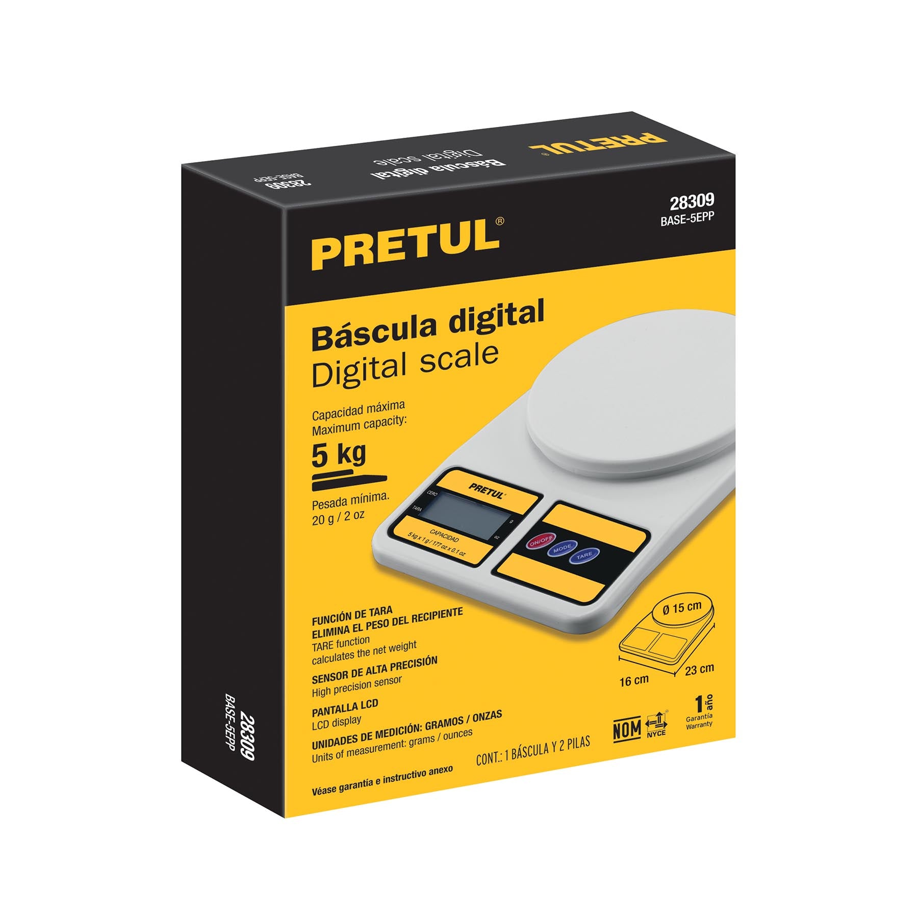 Báscula digital para cocina, plato de poliprop, 5 kg, PRETUL