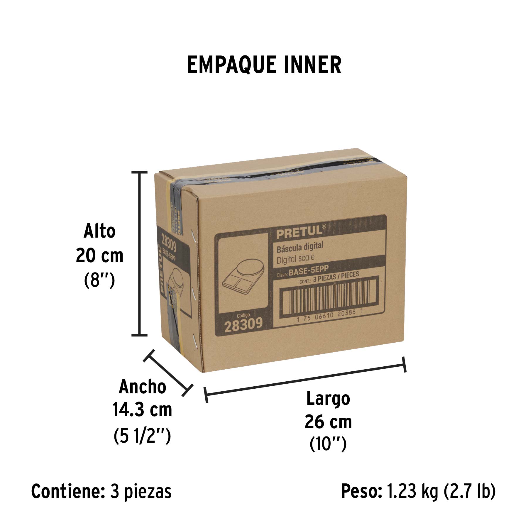 Báscula digital para cocina, plato de poliprop, 5 kg, PRETUL - Empaque