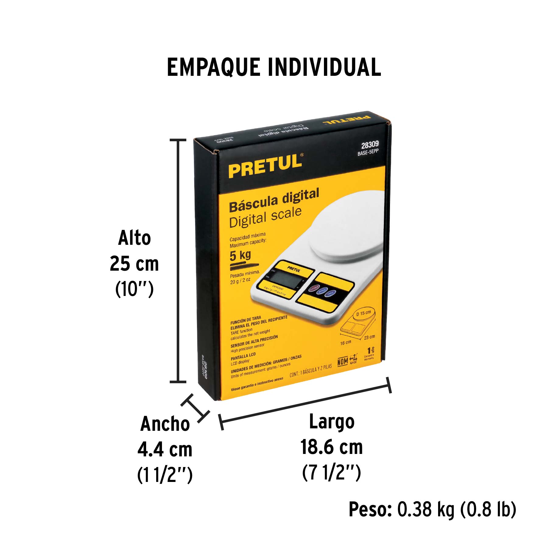 Báscula digital para cocina, plato de poliprop, 5 kg, PRETUL - Empaque