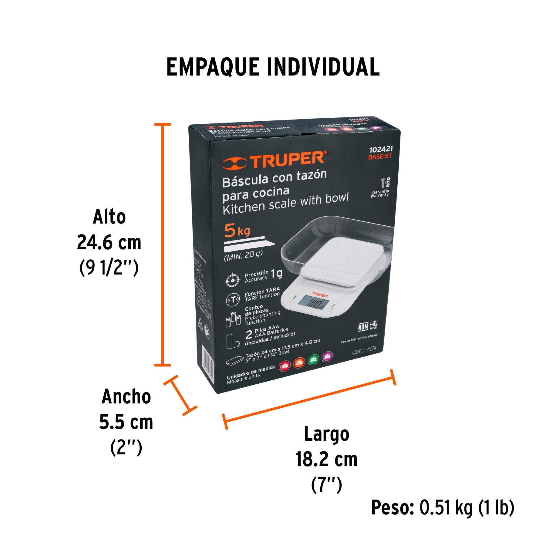 Báscula digital para cocina, con tazón, 5 kg, TRUPER - Empaque