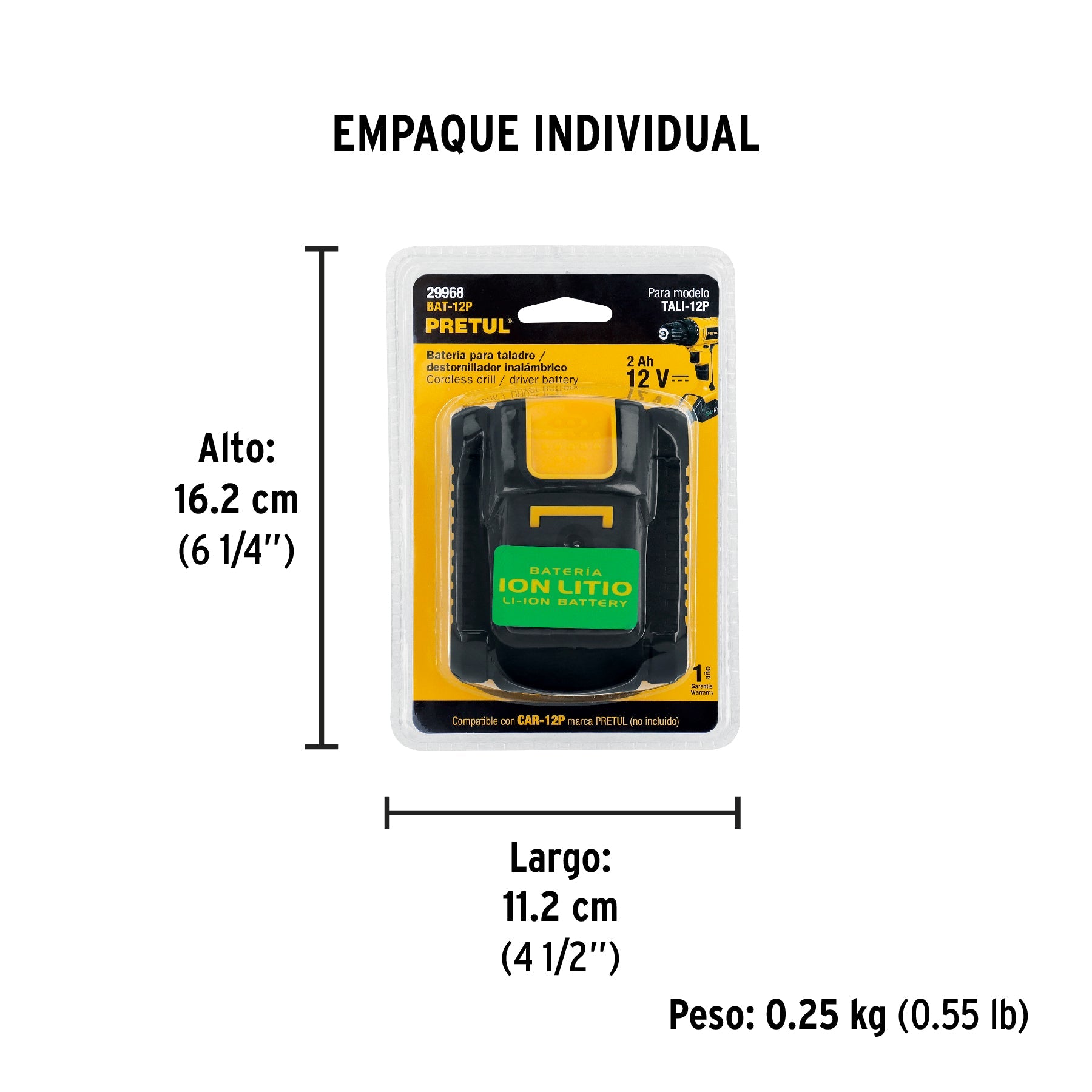 Batería ion litio, 12V, 2 Ah, PRETUL - Empaque