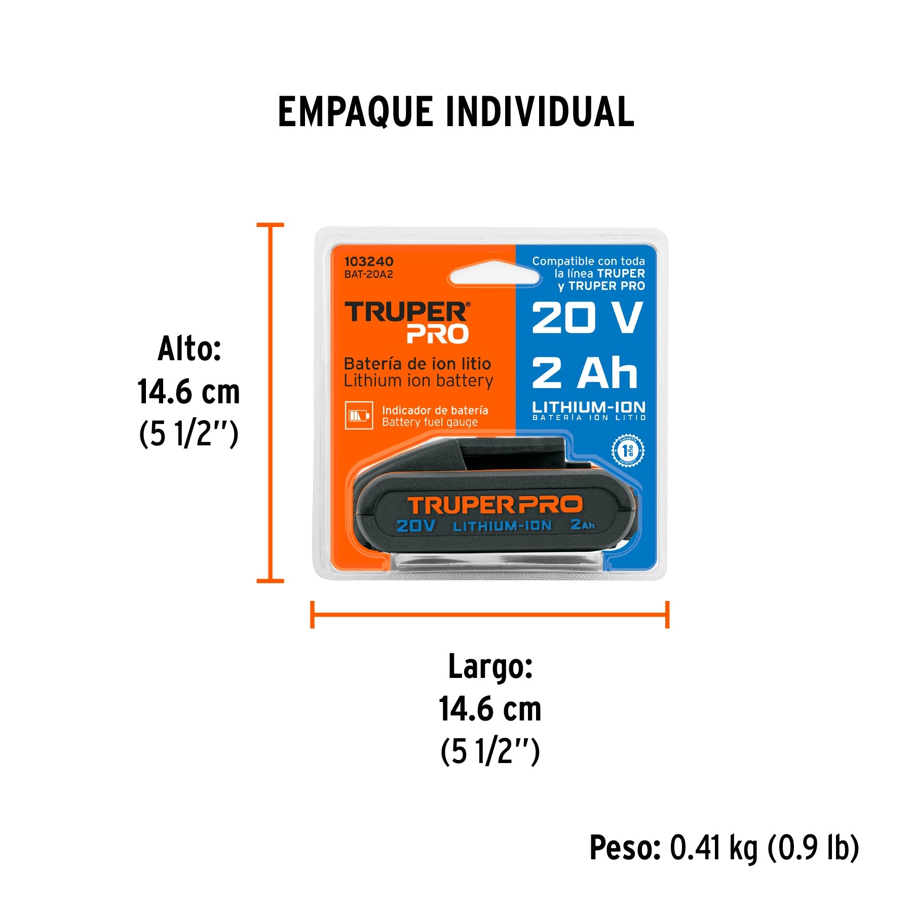 Batería ion litio, 20V, 2 Ah, TRUPER PRO - Empaque