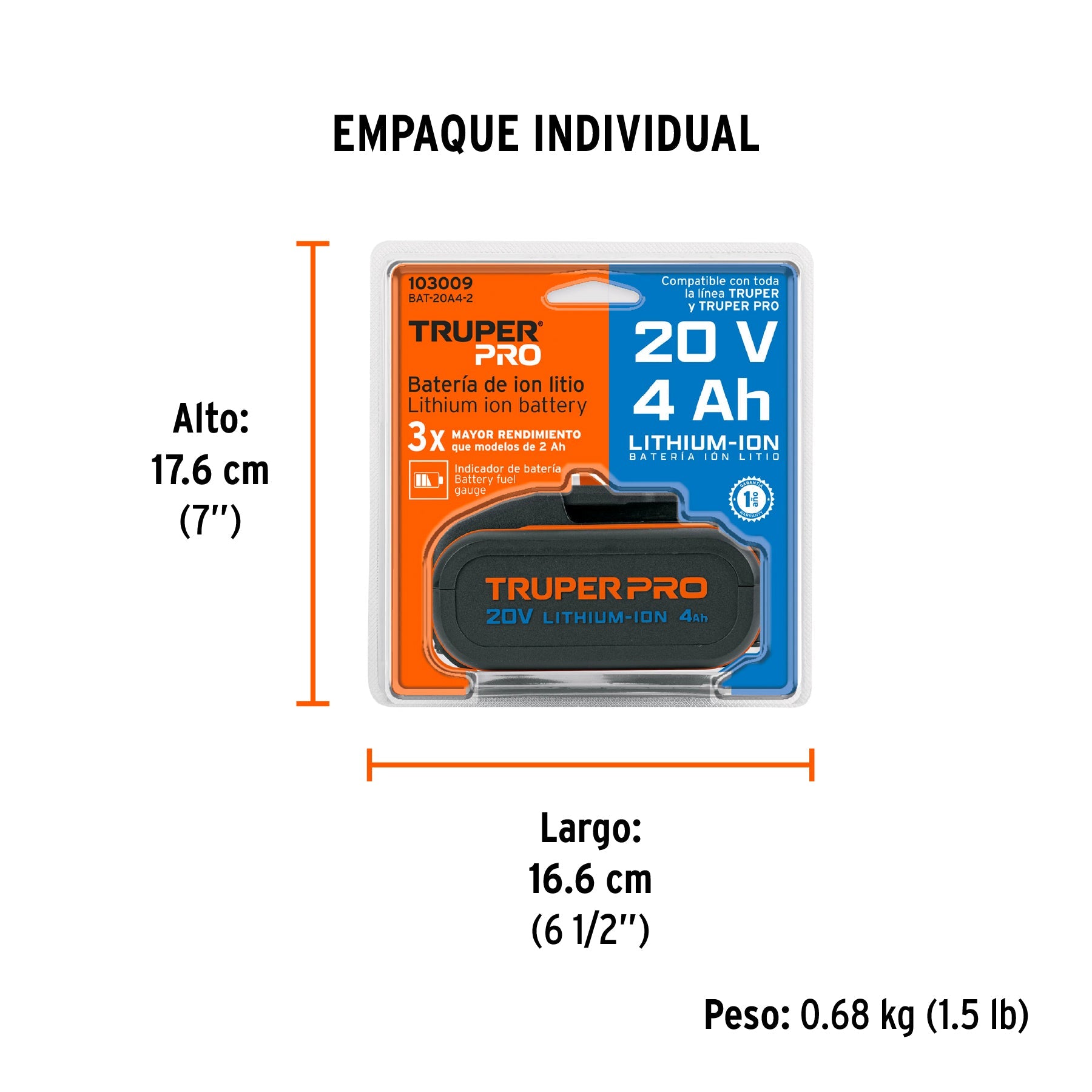 Batería ion litio, 20V, 4 Ah, TRUPER PRO - Empaque