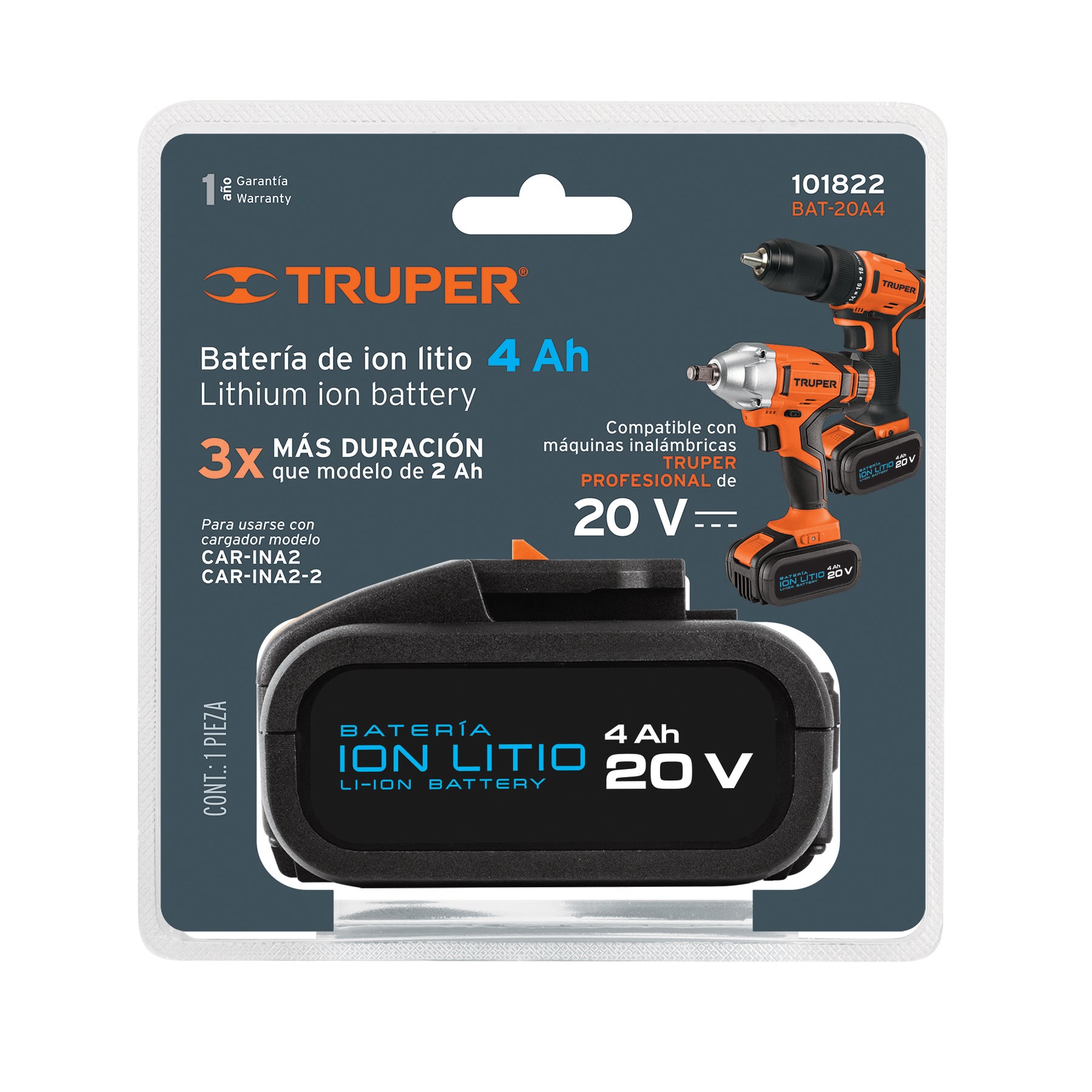 Batería ion litio, 20V, 4 Ah, TRUPER PRO