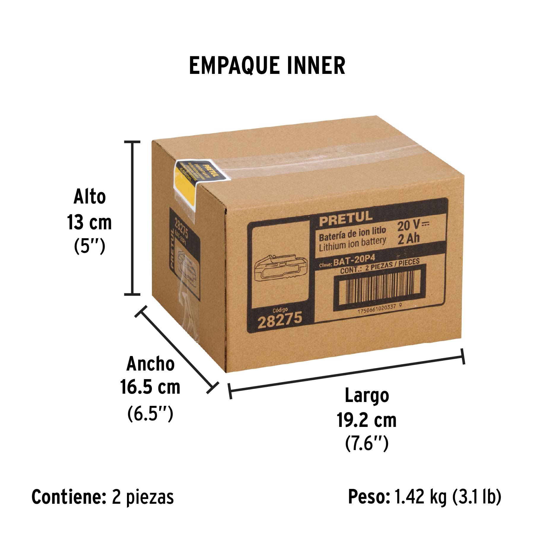 Batería ion litio, 20V, 4 Ah, PRETUL - Empaque
