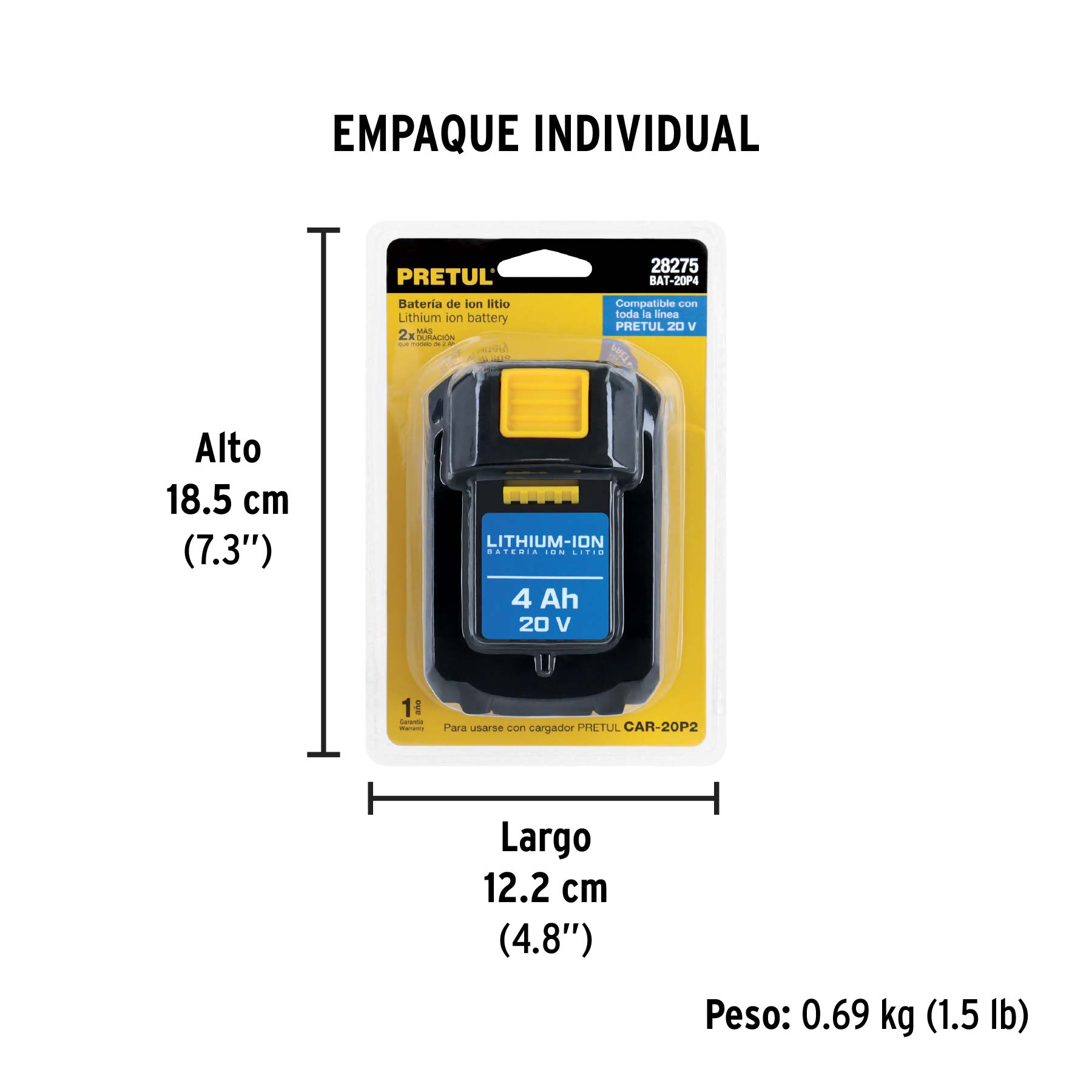 Batería ion litio, 20V, 4 Ah, PRETUL - Empaque