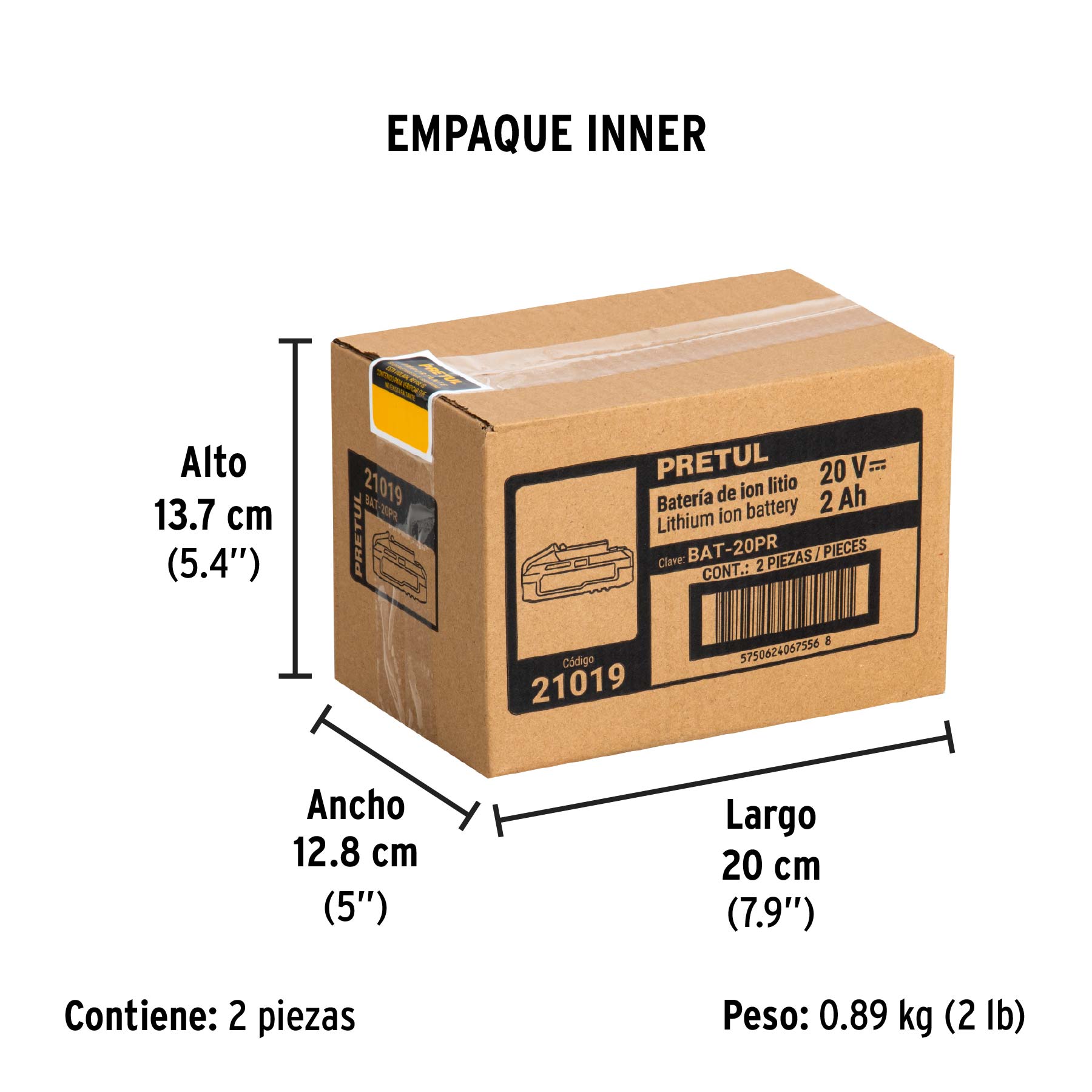 Batería ion litio, 20V, 2 Ah, PRETUL - Empaque