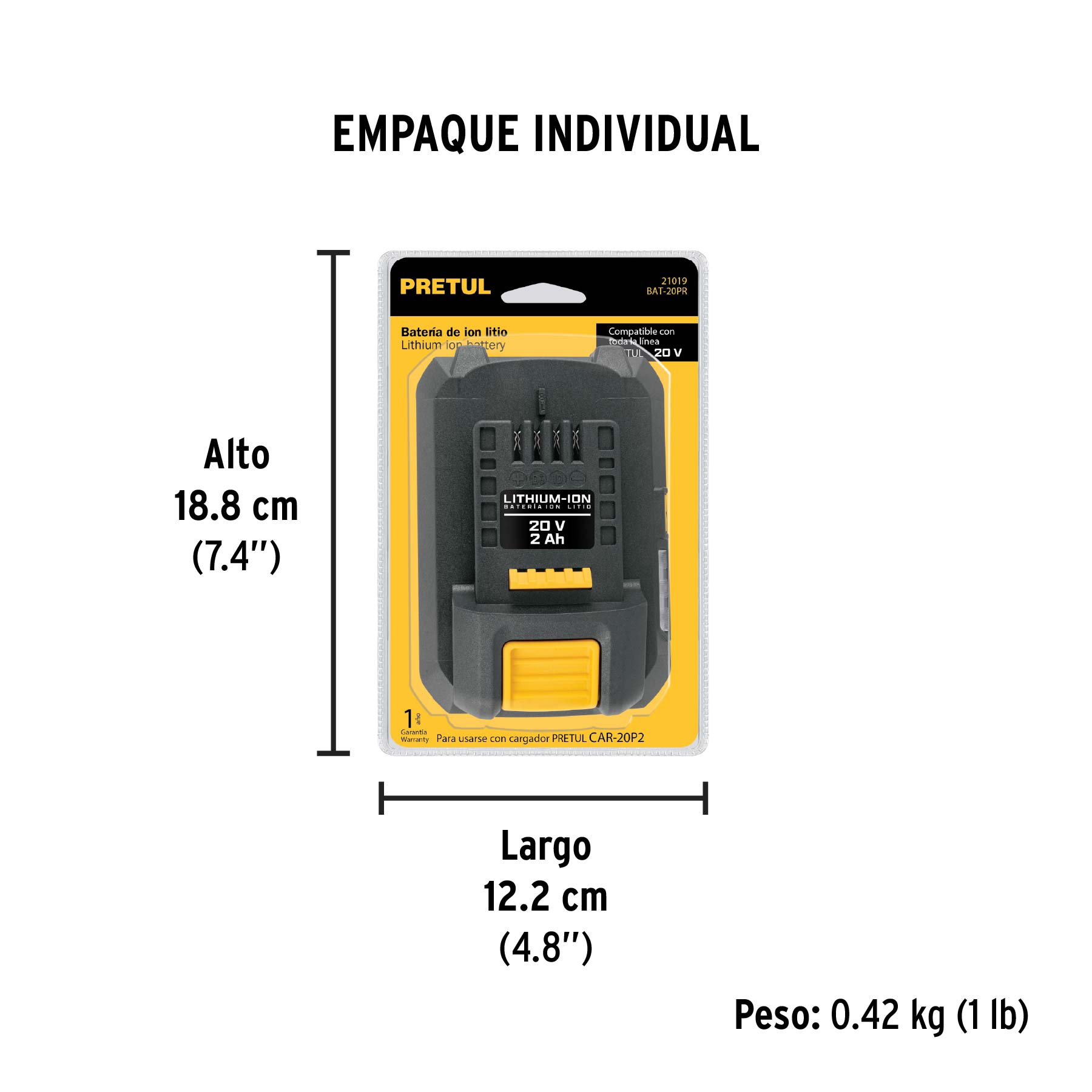 Batería ion litio, 20V, 2 Ah, PRETUL - Empaque