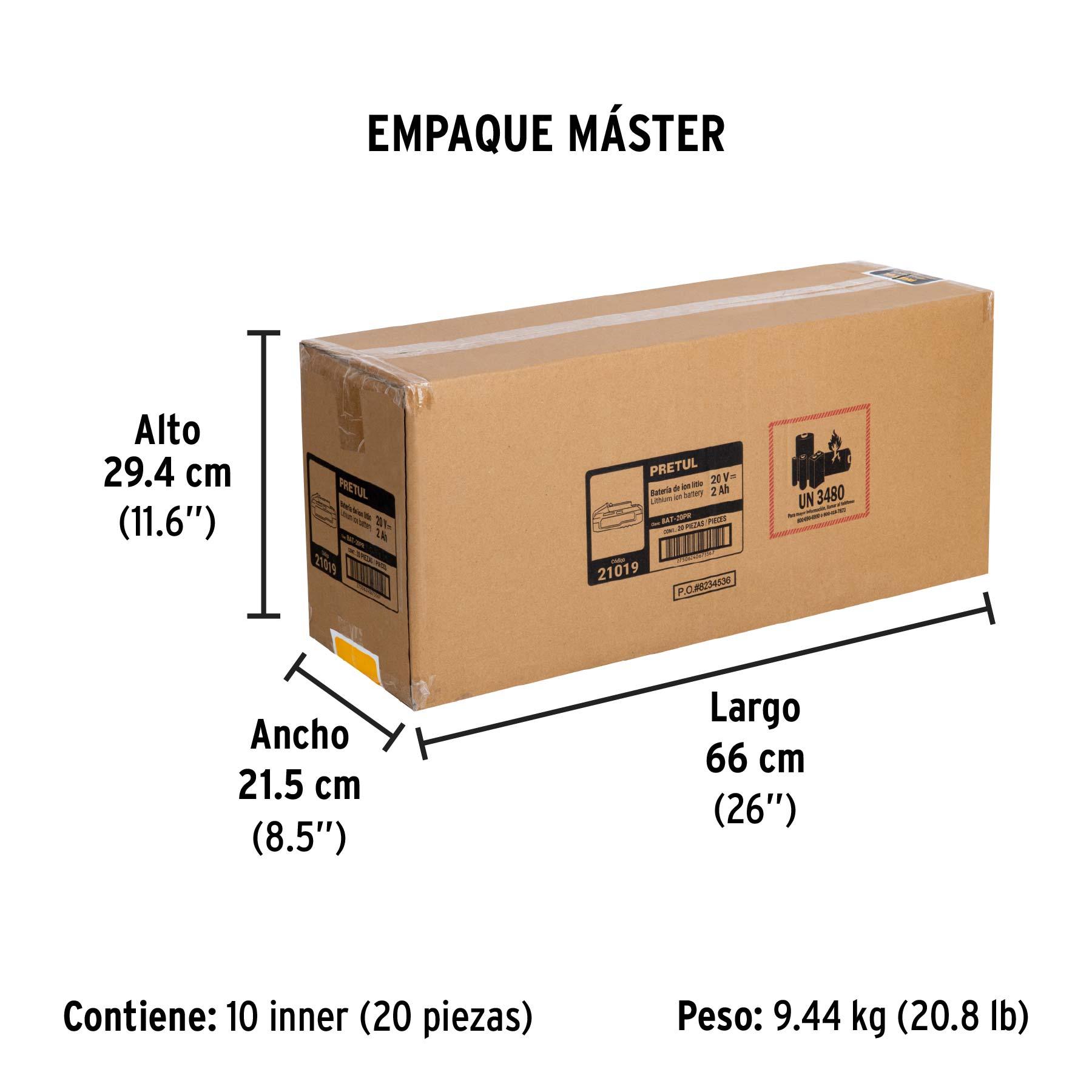 Batería ion litio, 20V, 2 Ah, PRETUL - Empaque