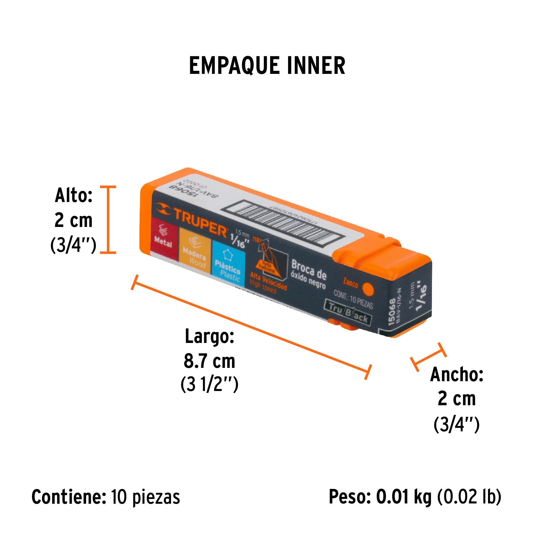 Broca HSS 1/16" Trublack para metal, TRUPER - Empaque