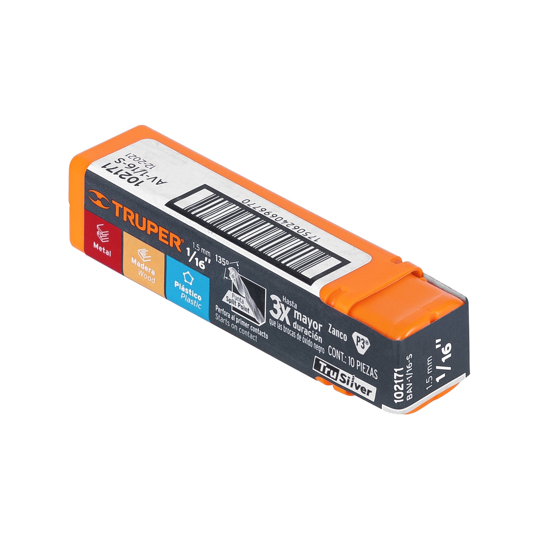 Broca HSS 1/16" Trusilver para metal, TRUPER
