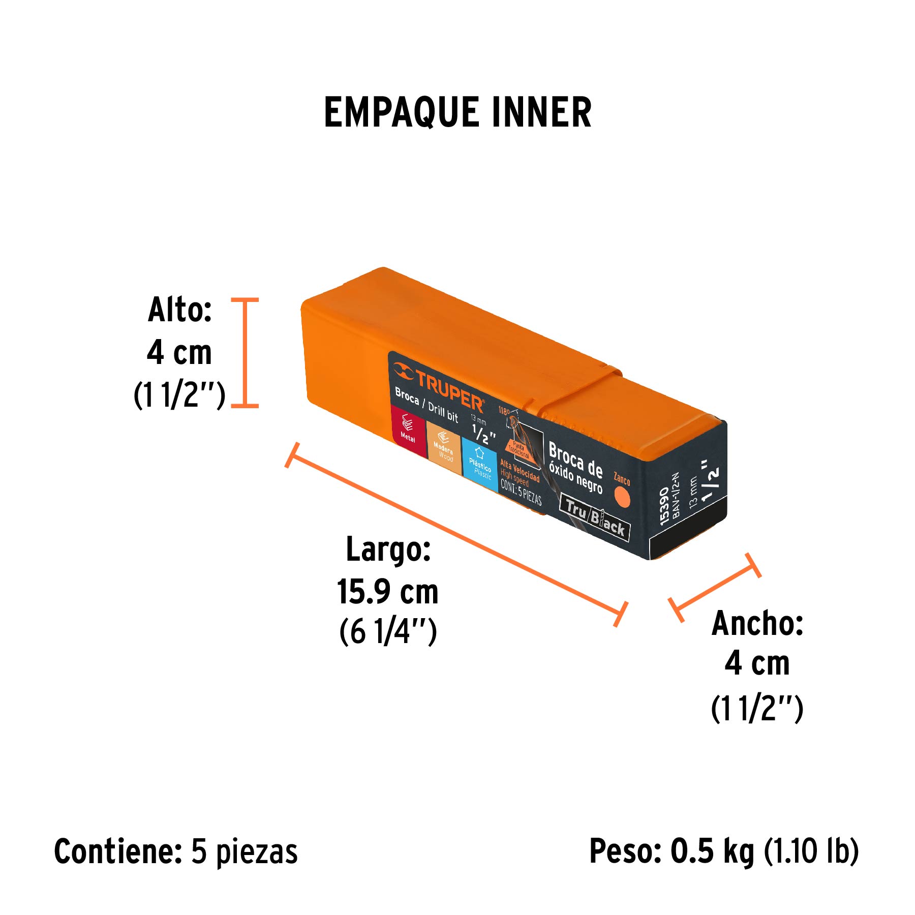 Broca HSS 1/2" Trublack para metal, TRUPER - Empaque