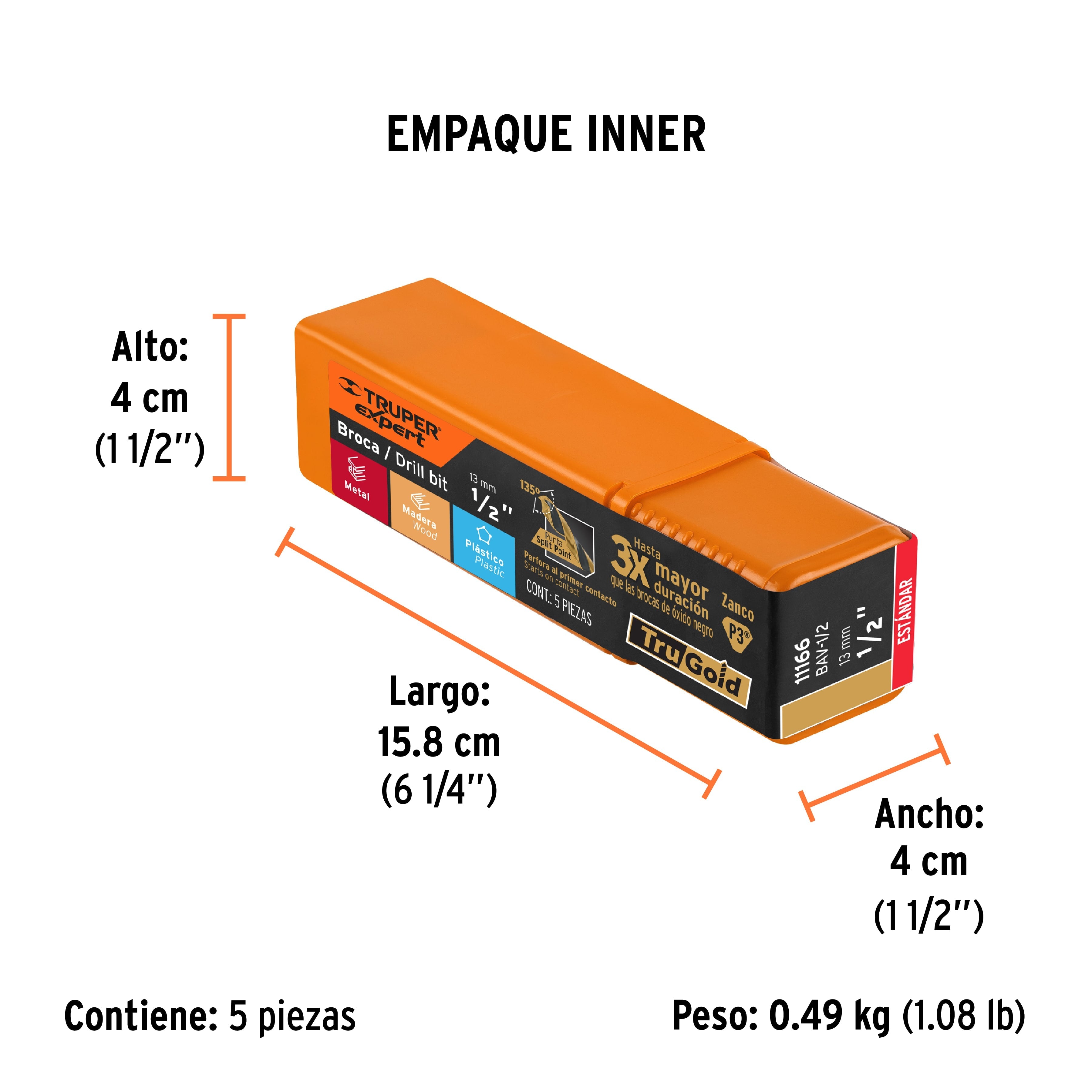 Broca HSS 1/2" Trugold para metal, TRUPER EXPERT - Empaque
