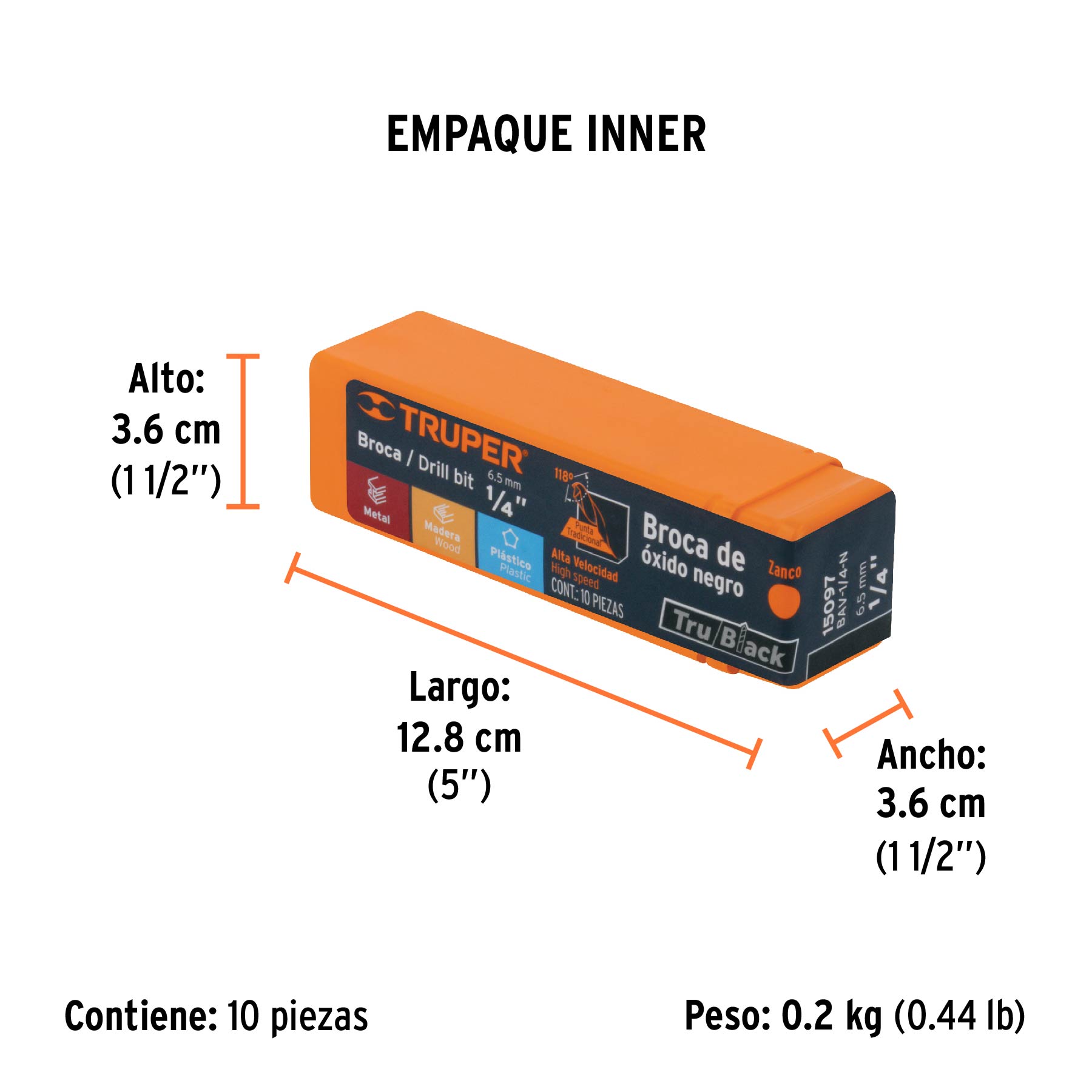 Broca HSS 1/4" Trublack para metal, TRUPER - Empaque