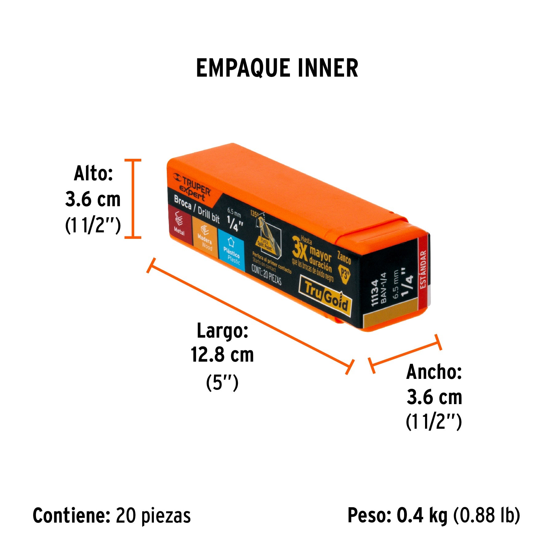 Broca HSS 1/4" Trugold para metal, TRUPER EXPERT - Empaque