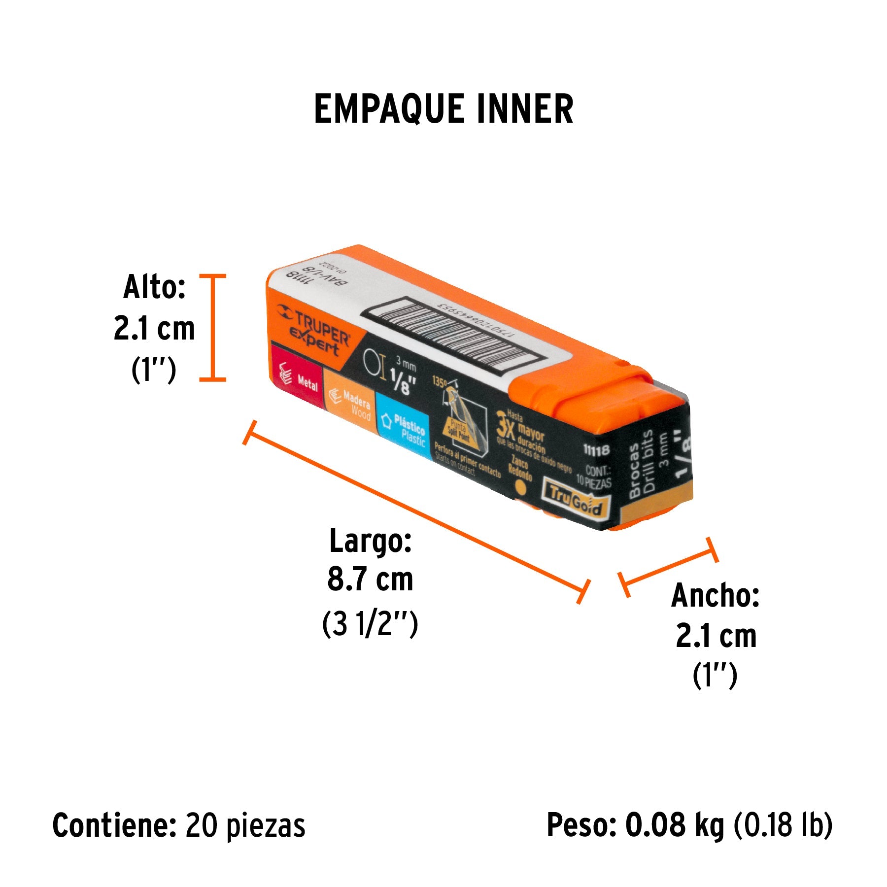 Broca HSS 1/8" Trugold para metal, TRUPER EXPERT - Empaque