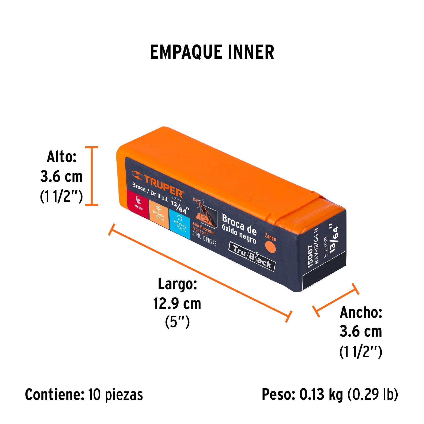 Broca HSS 13/64" Trublack para metal, TRUPER - Empaque