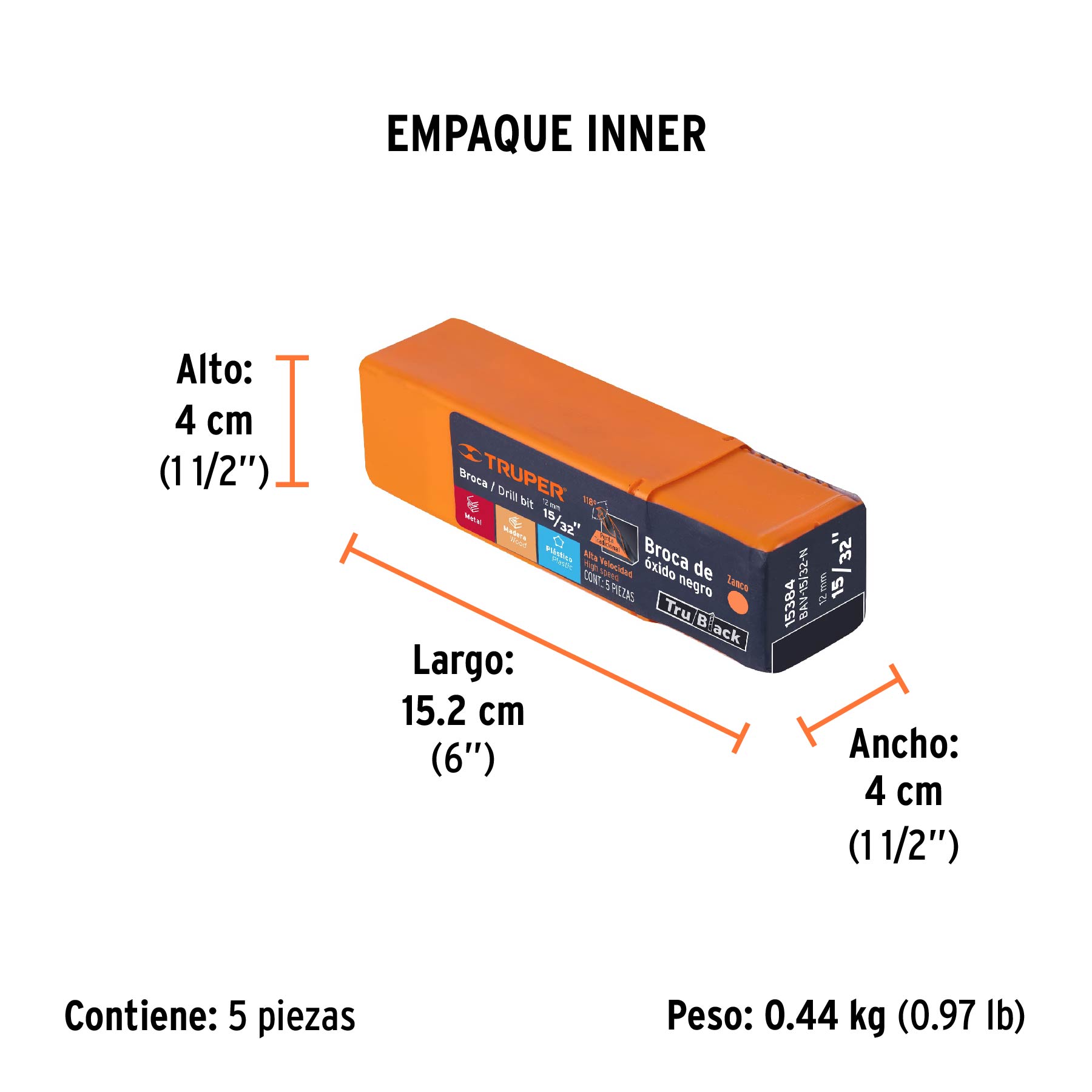 Broca HSS 15/32" Trublack para metal, TRUPER - Empaque